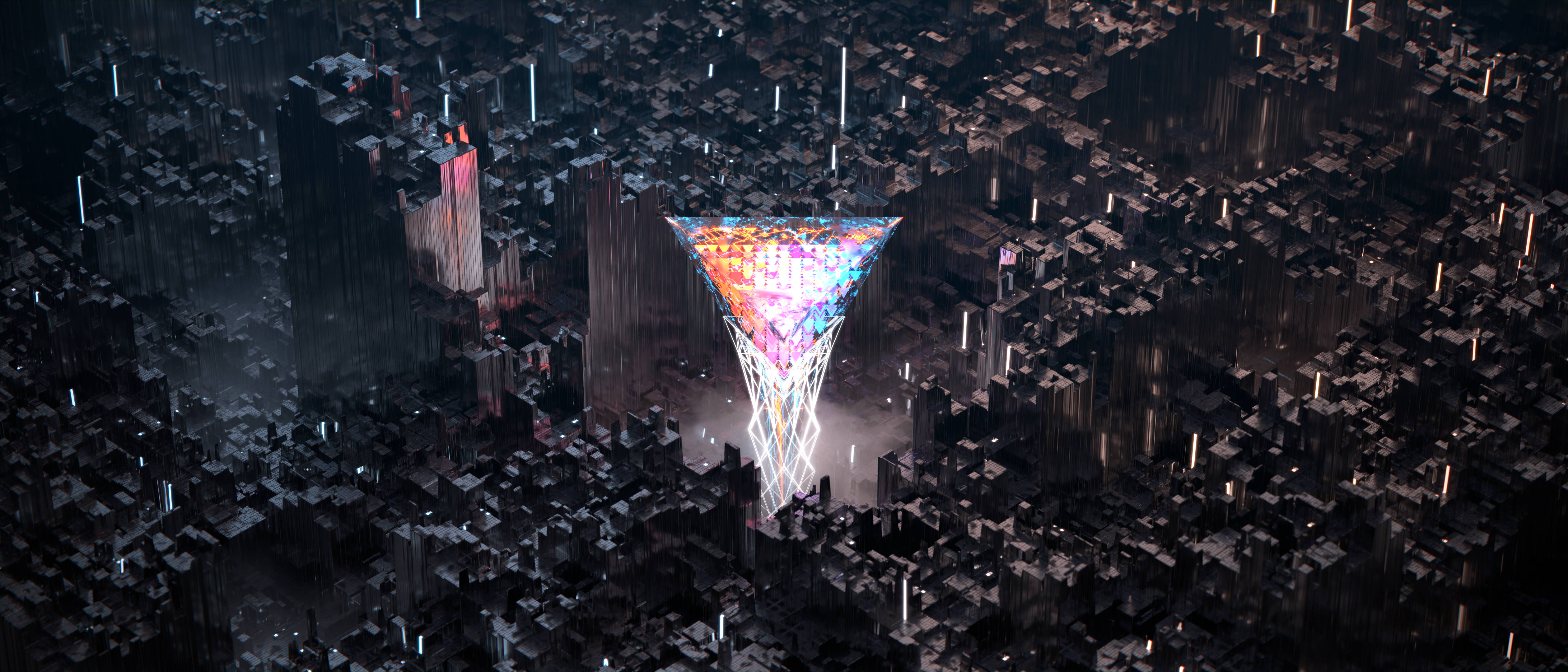 Ultrawide, glowing triangular structure, vibrant pixelated lights, 4K Desktop Wallpaper
