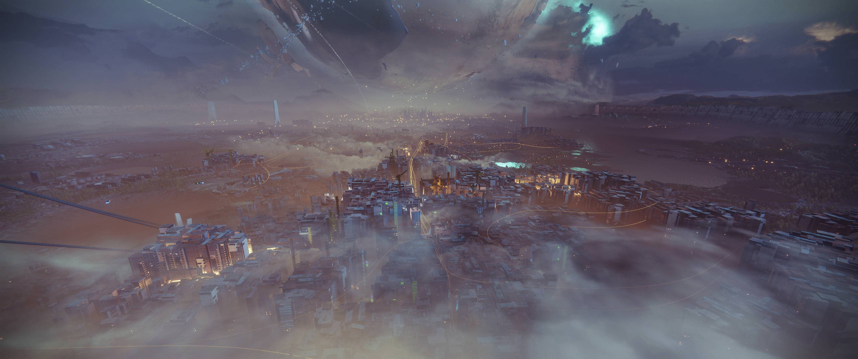 Ultrawide, smoky, futuristic cityscape, 2K Desktop Wallpaper
