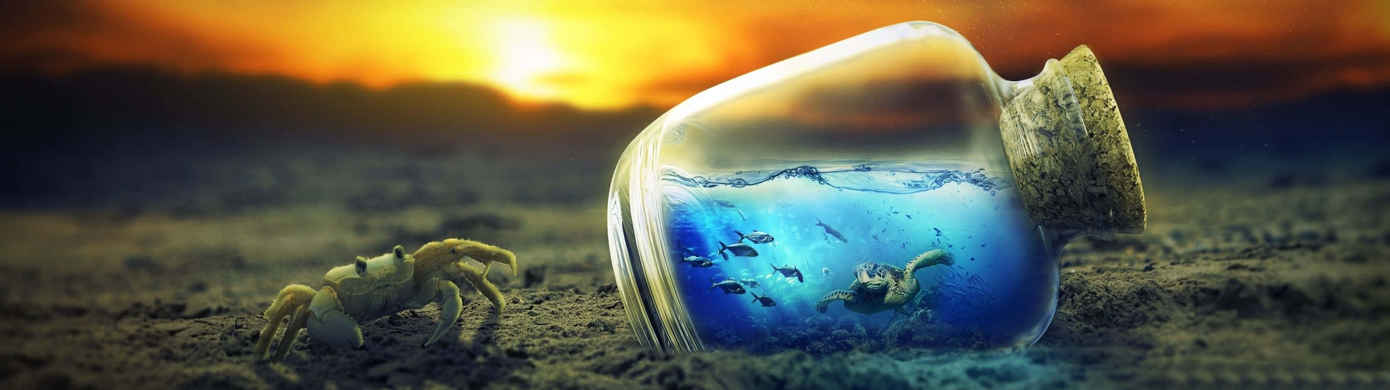 2732 x 768, Ocean In Bottle, sunset, 2K Desktop Wallpaper