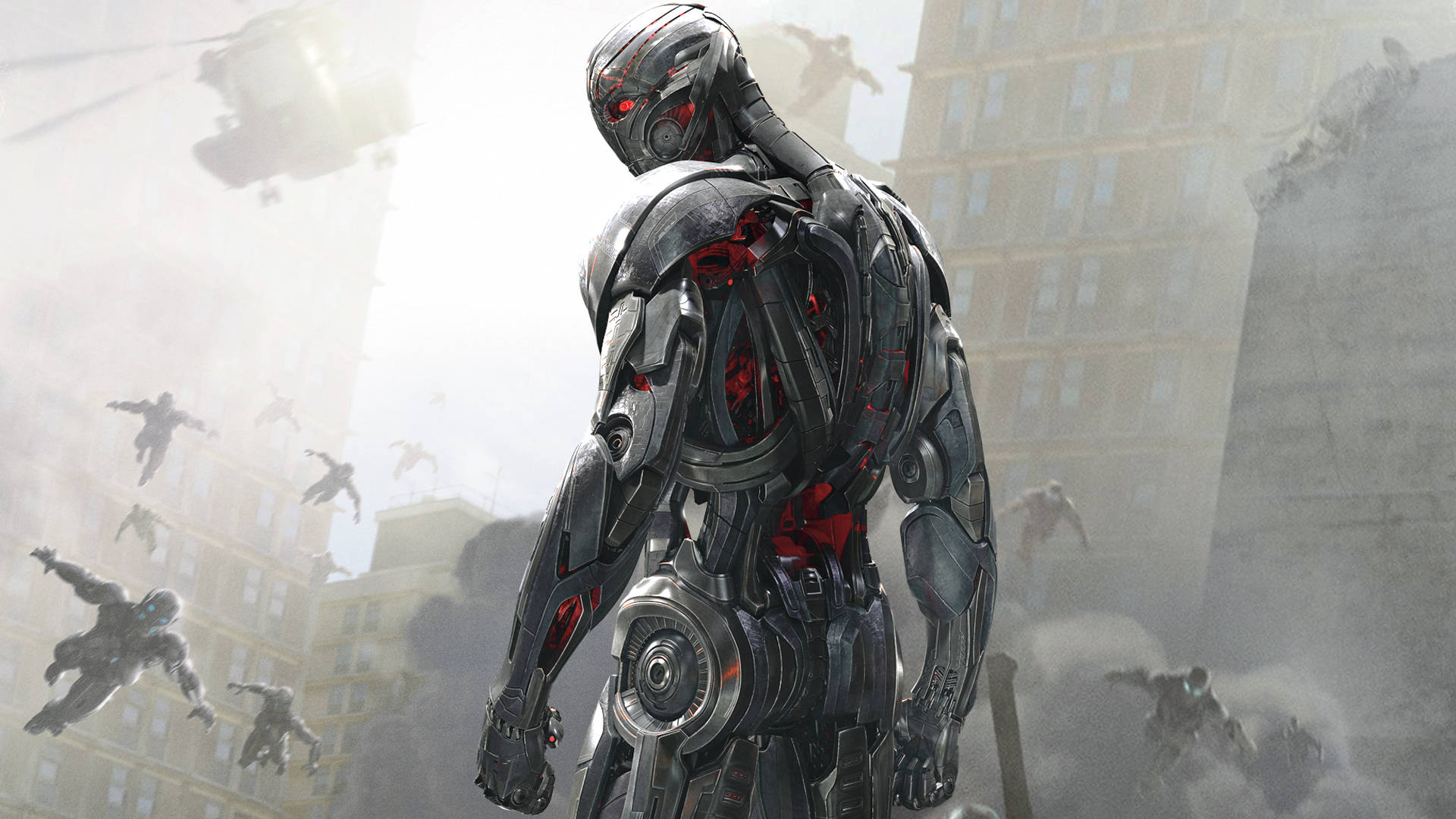 Ultron, silver and red armored robot, crumbling cityscape, Full HD Desktop Wallpaper