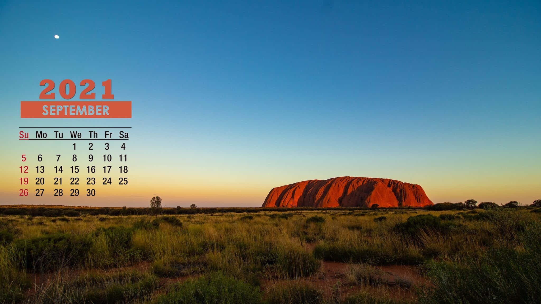 September 2021 calendar, Uluru, glowing orange, Full HD Desktop Wallpaper