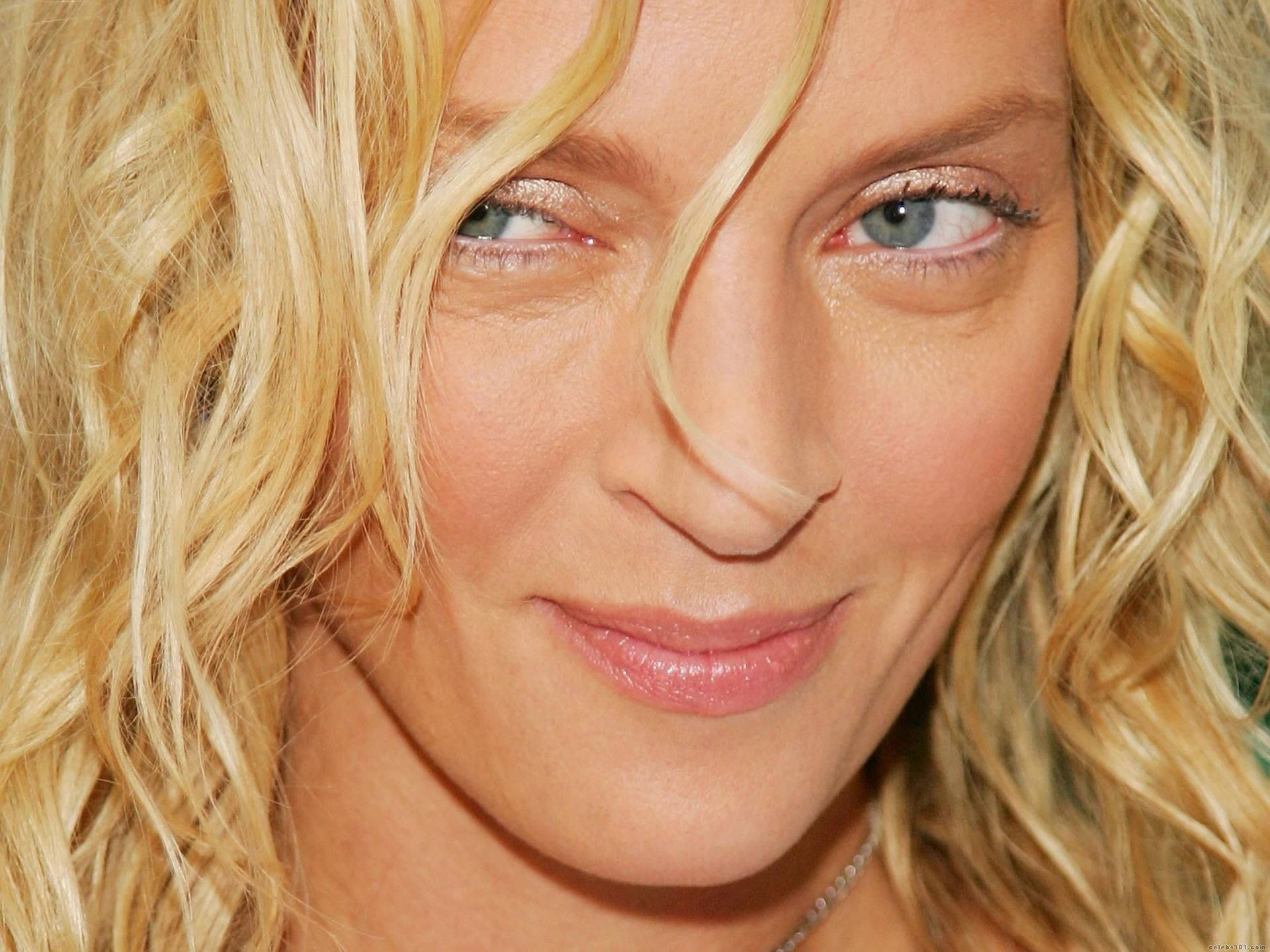 Uma Thurman, curly blonde hair, glittery eyes, Full HD Desktop Wallpaper