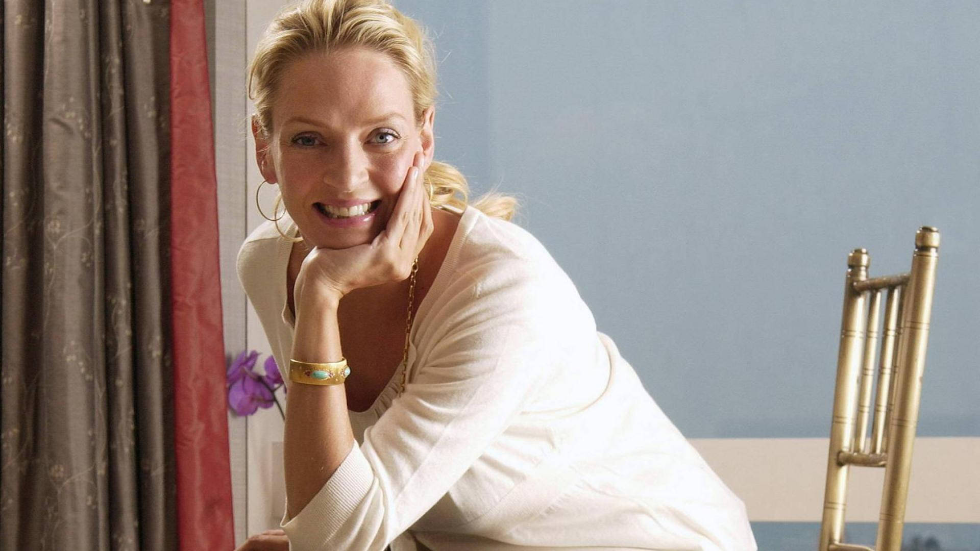 Uma Thurman, blonde woman, white top, Full HD Desktop Wallpaper