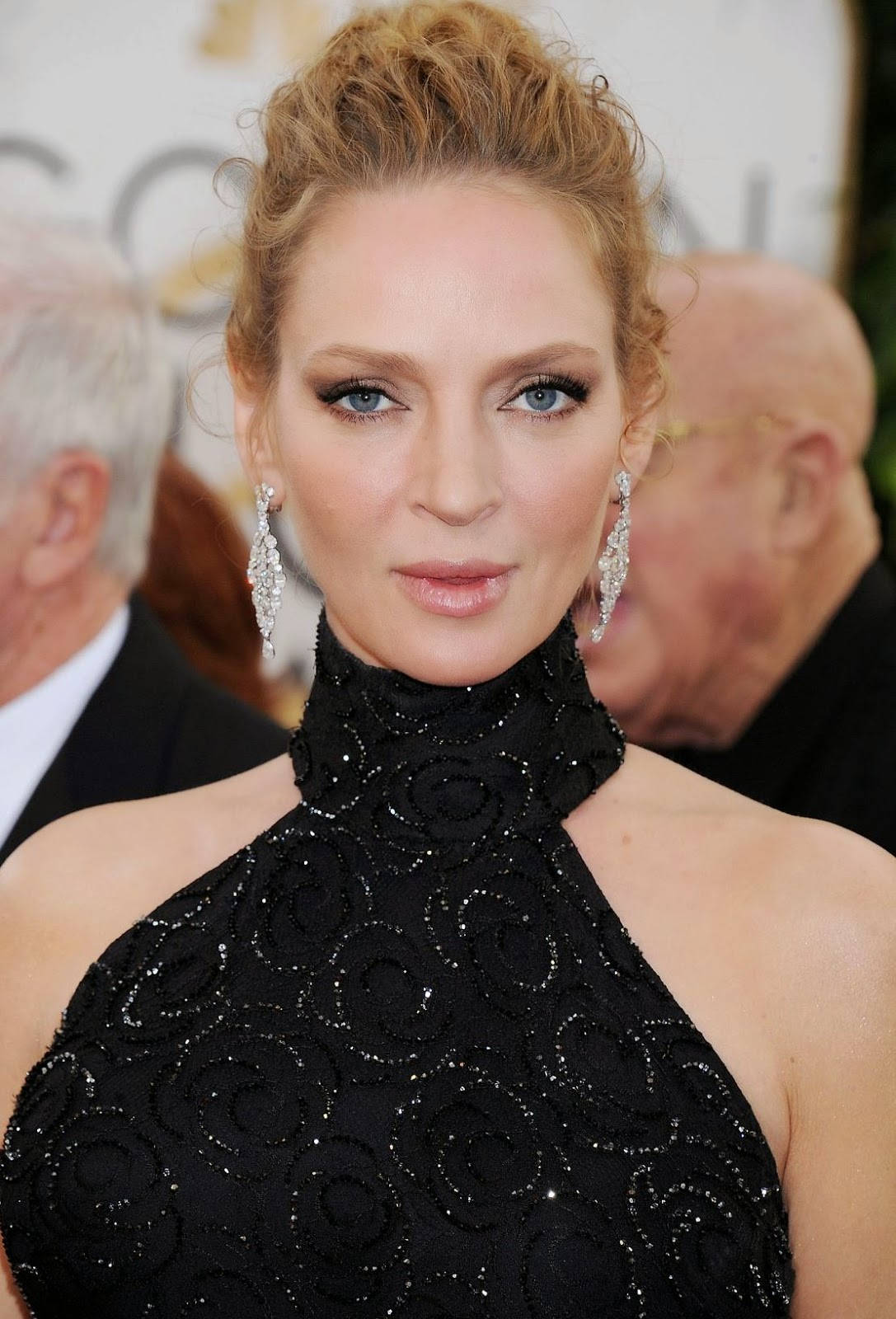 Uma Thurman, 71st Annual Golden Globe Awards, black beaded gown, HD Phone Wallpaper