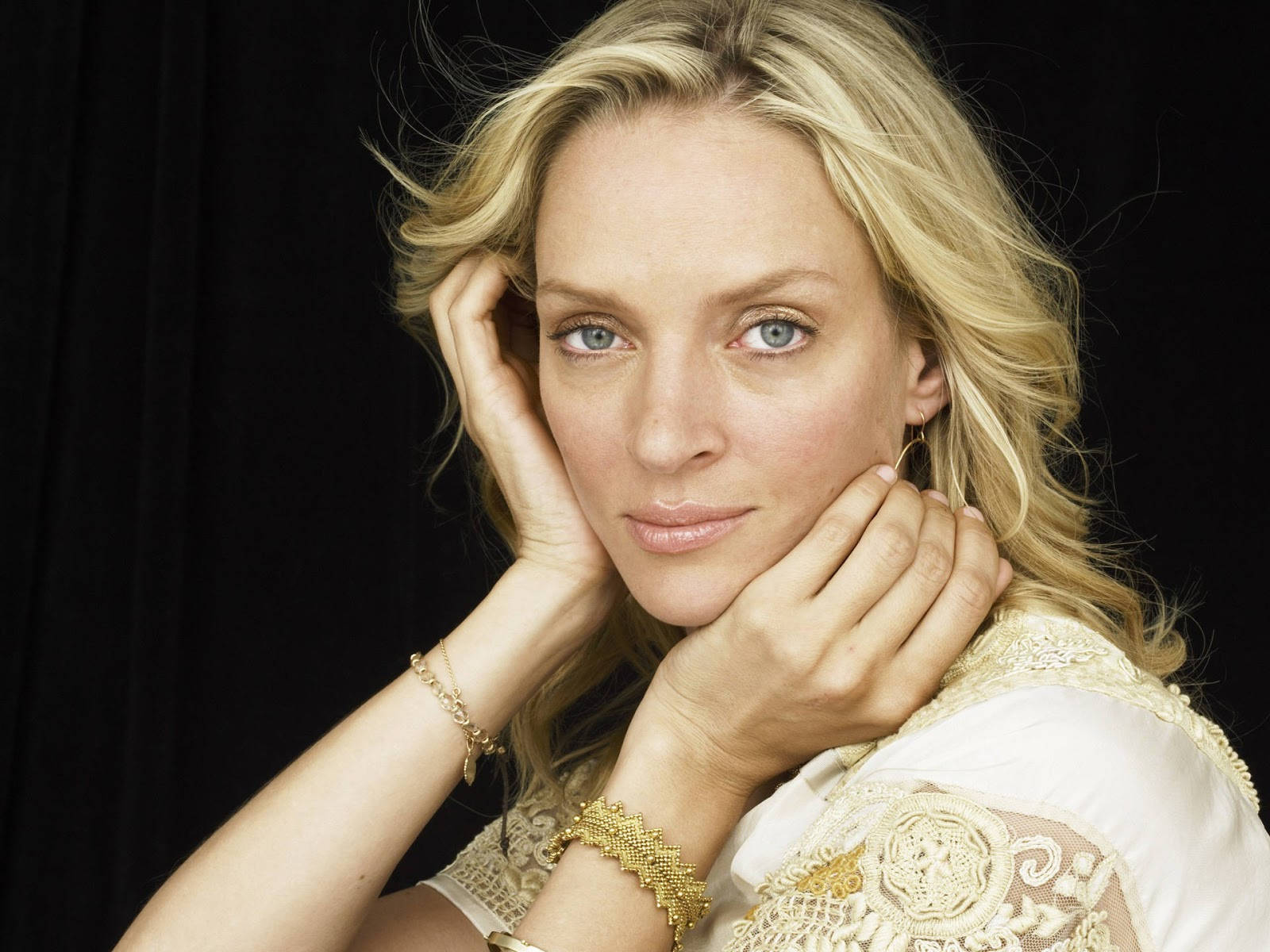 Uma Thurman, blonde woman, blue eyes, HD Desktop Wallpaper