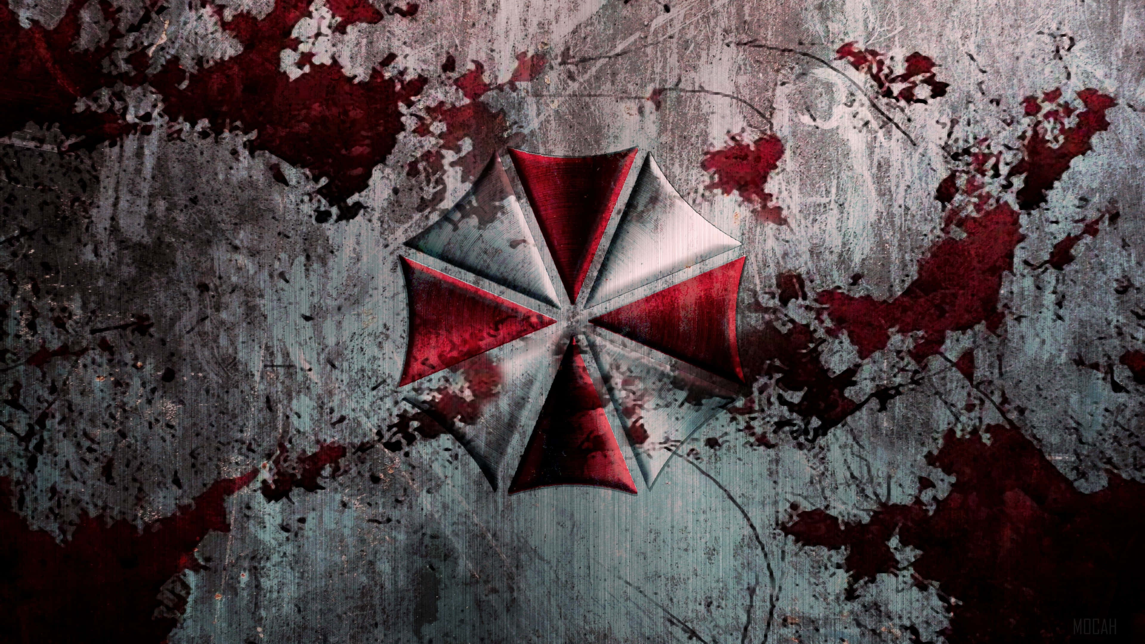 Umbrella Corporation Logo, red, silver, 4K Desktop Wallpaper