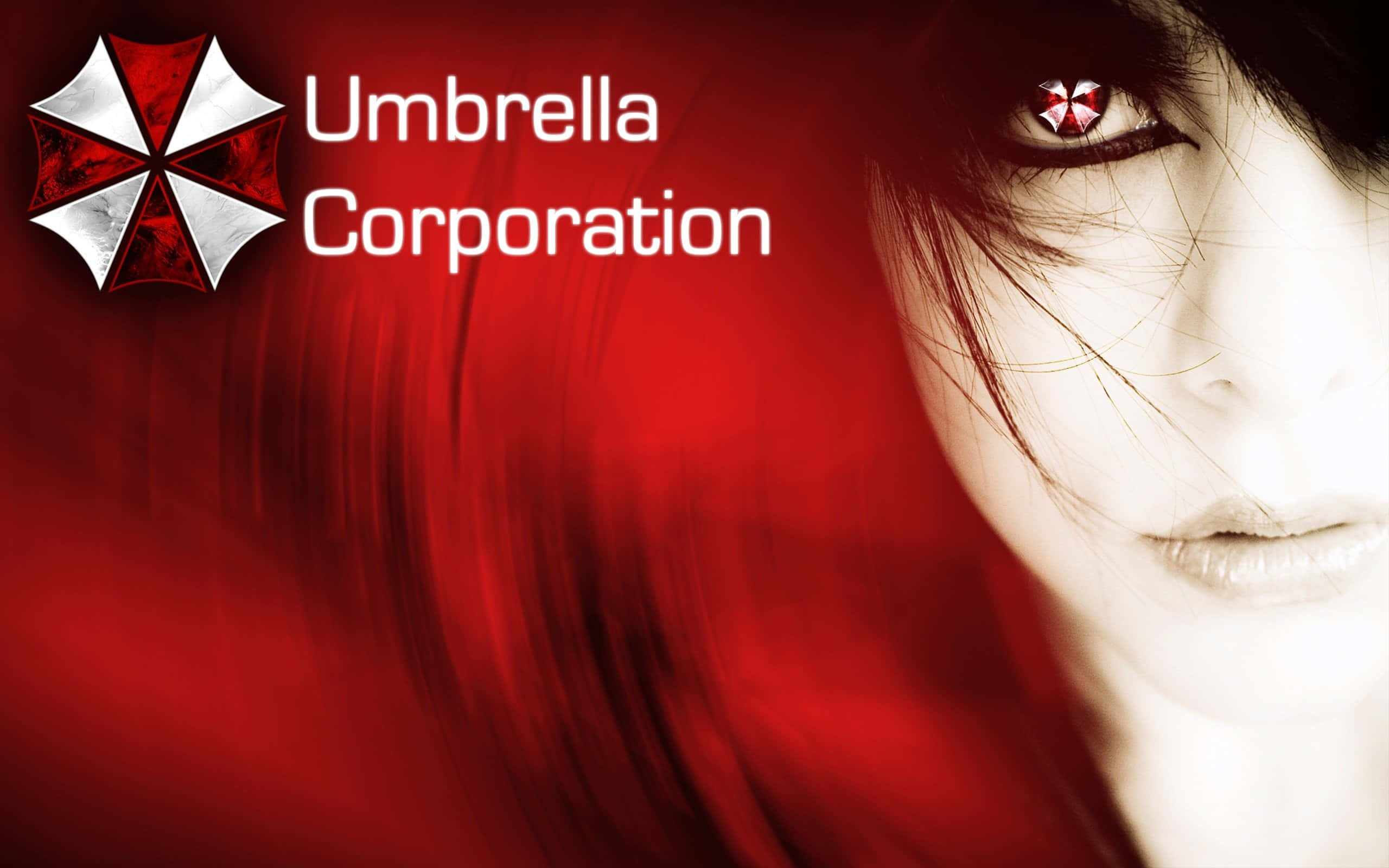 Umbrella Corporation Logo, red and white umbrella logo, woman's face, 2K Desktop Wallpaper