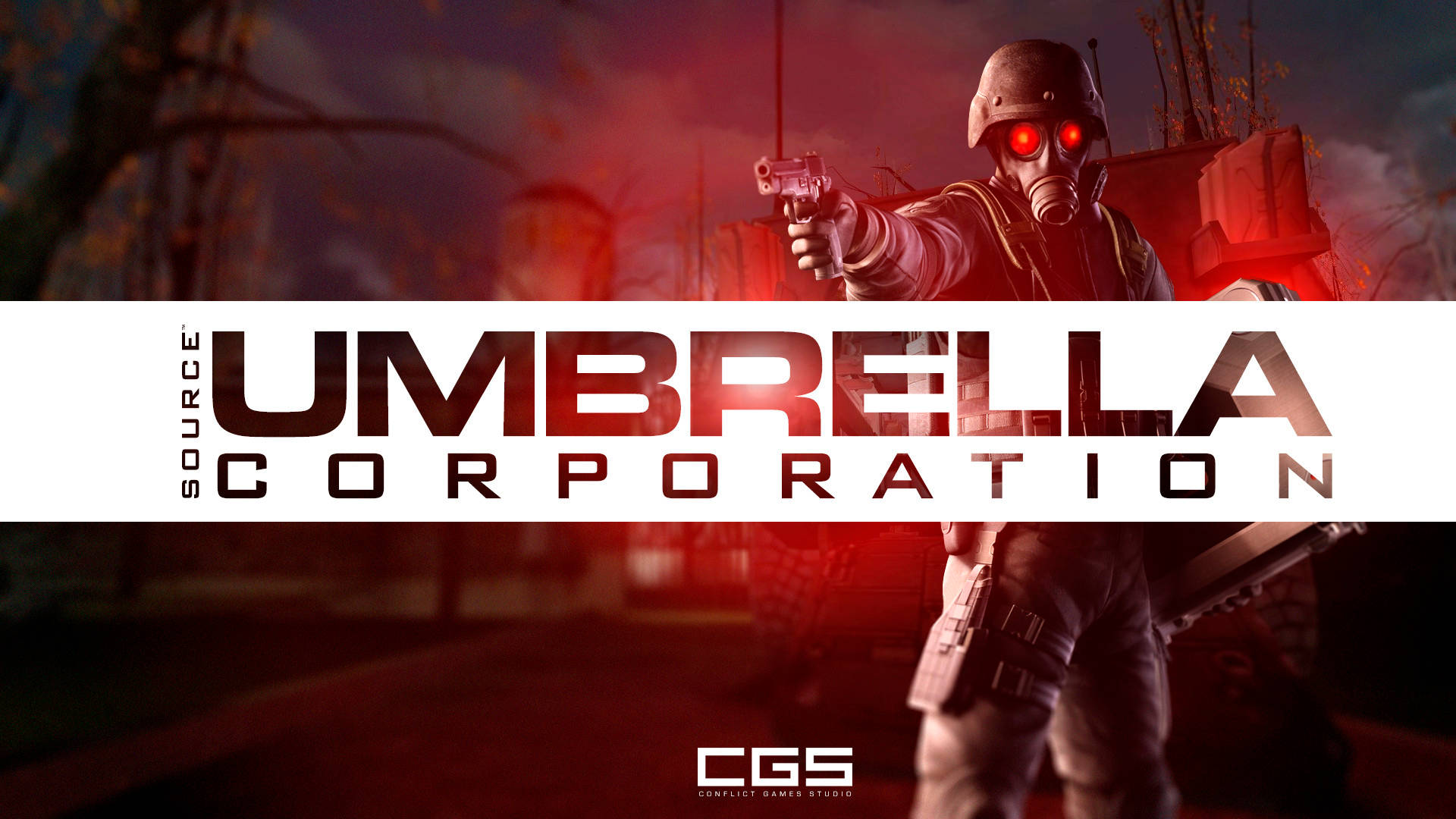 Umbrella Corporation Logo, gas mask, glowing red eyes, Full HD Desktop Wallpaper