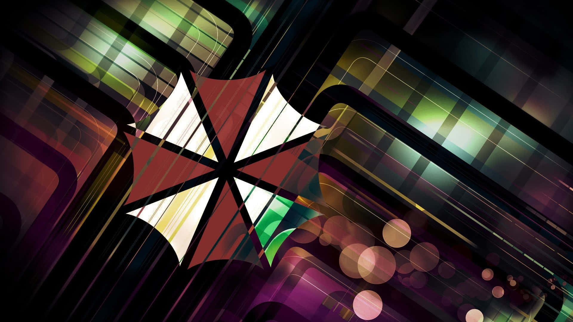 Umbrella Corporation Logo, red and white umbrella logo, glowing green purple and gold geometric patterns, Full HD Desktop Wallpaper