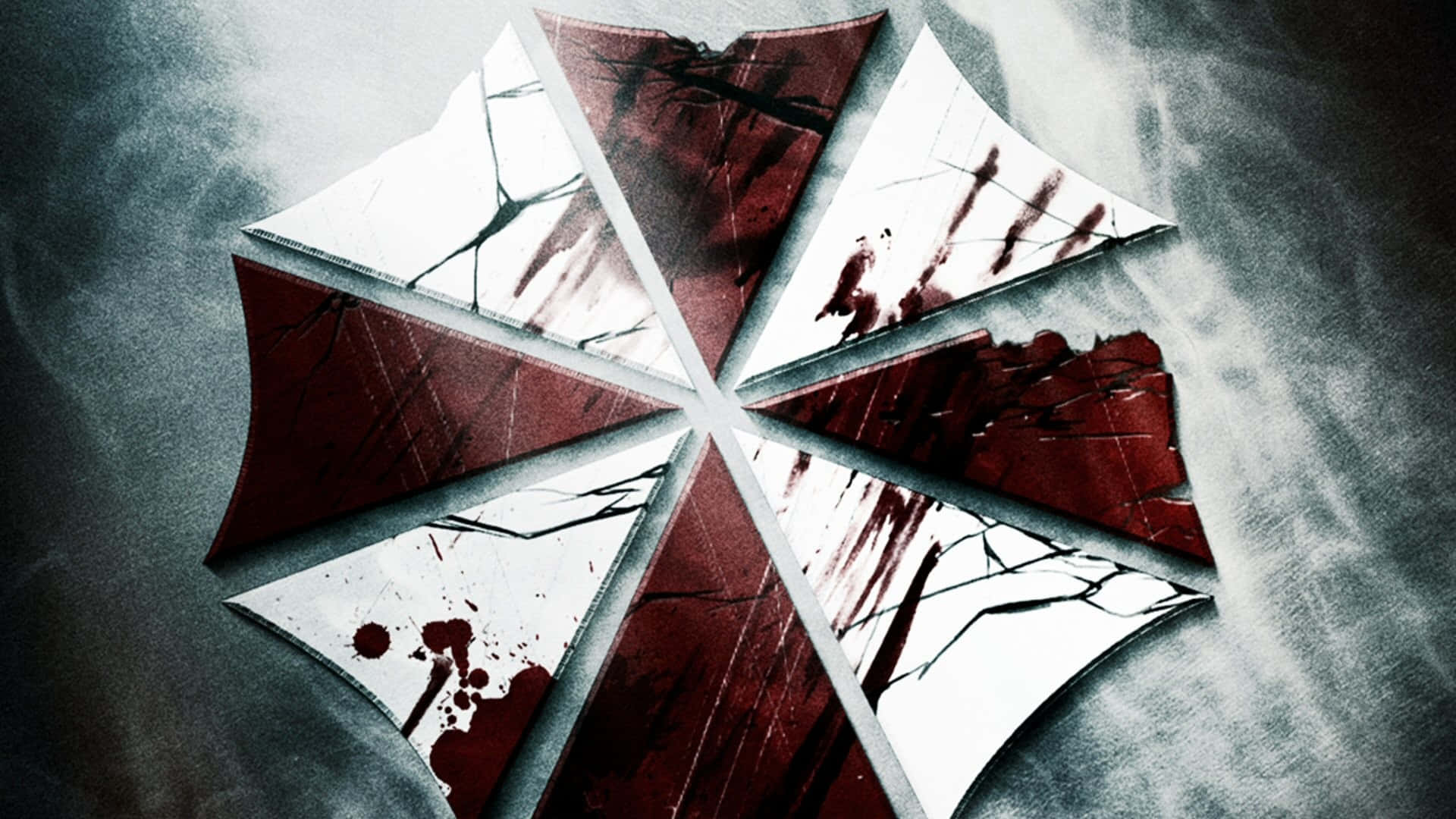 Umbrella Corporation Logo, red and white umbrella logo, blood splatters, Full HD Desktop Wallpaper