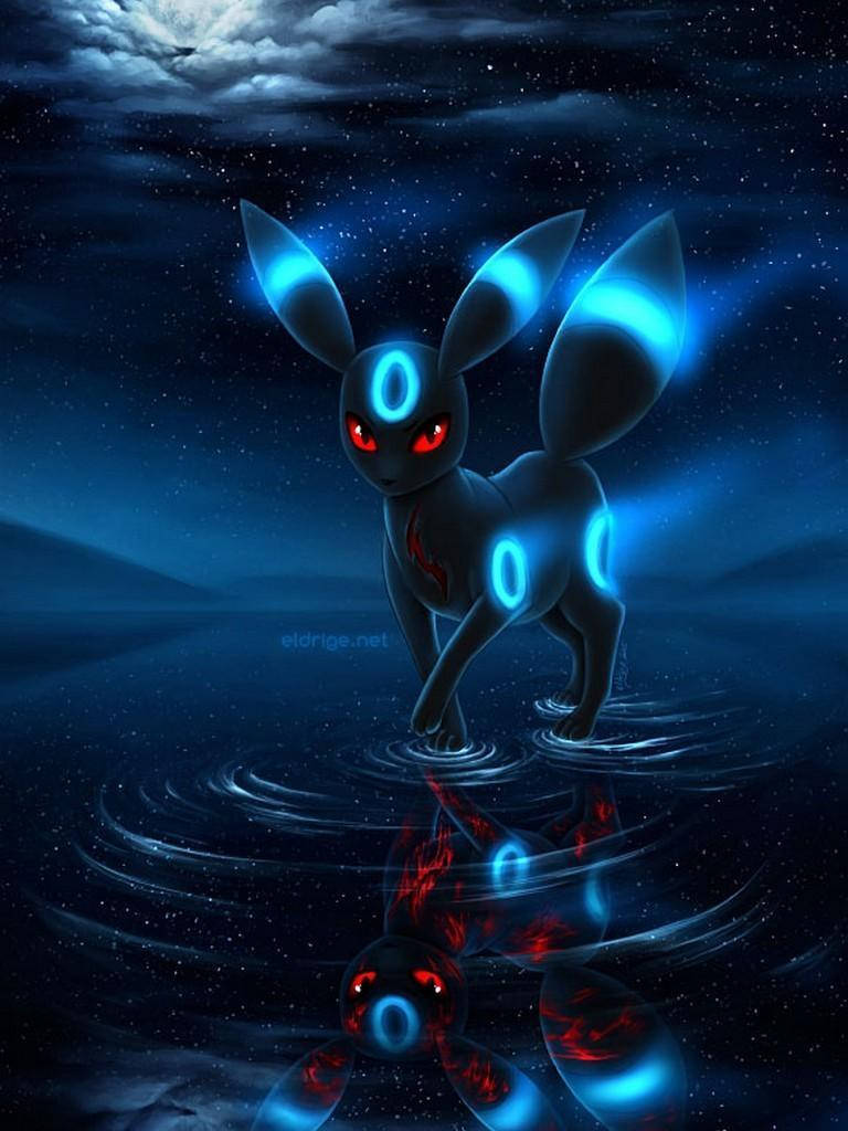Umbreon, glowing blue parts, starlit water, SD Phone Wallpaper