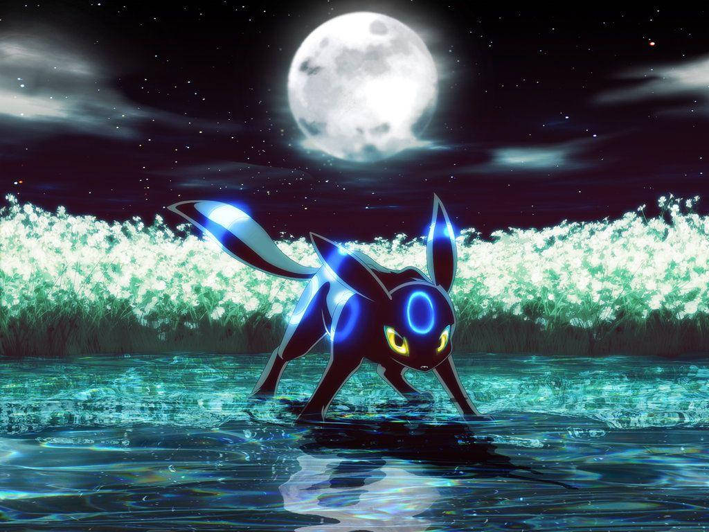 Umbreon, glowing Umbreon, moonlit water, SD Desktop Wallpaper