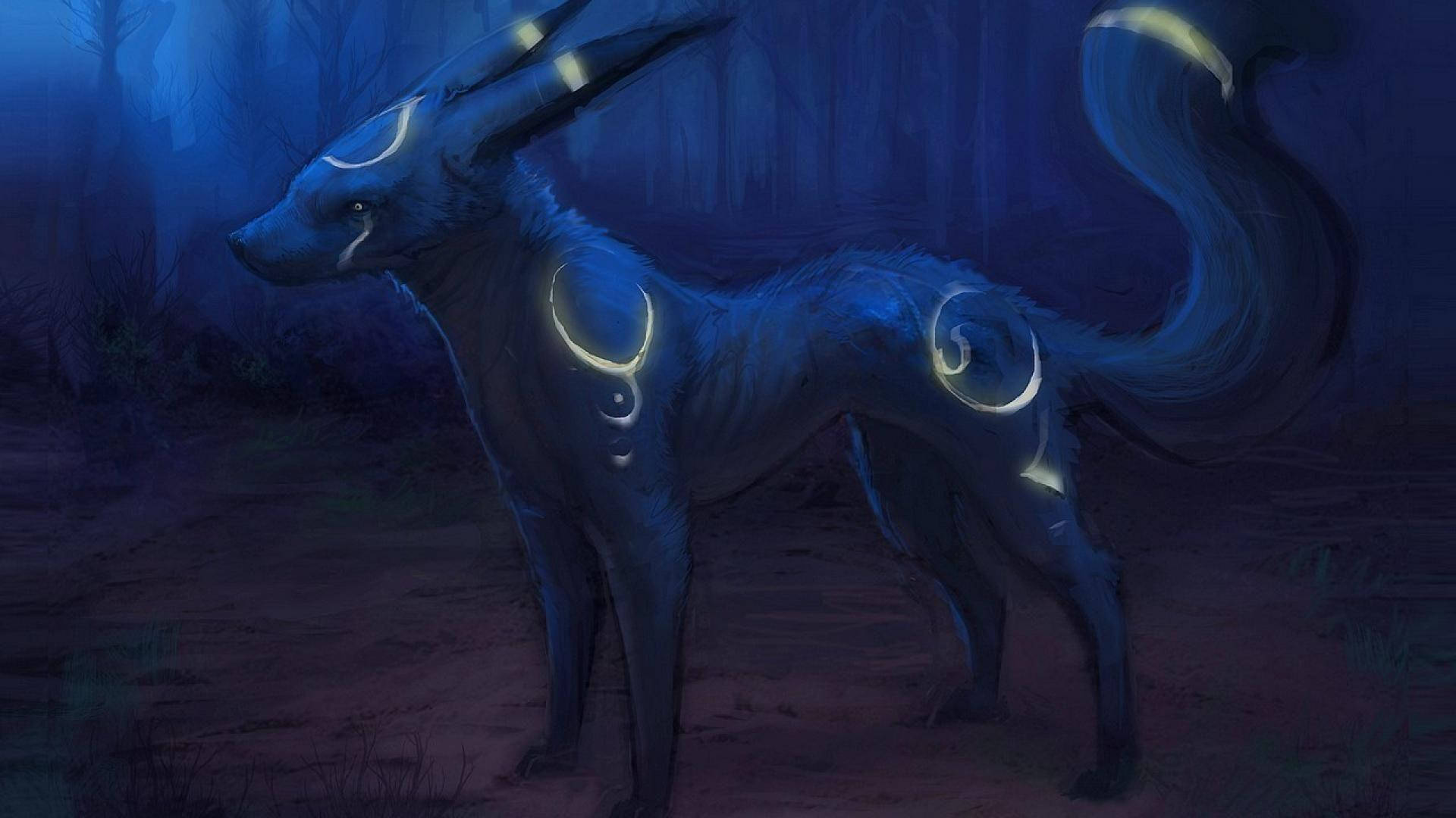 Umbreon, mystical blue fox, glowing crescent markings, Full HD Desktop Wallpaper