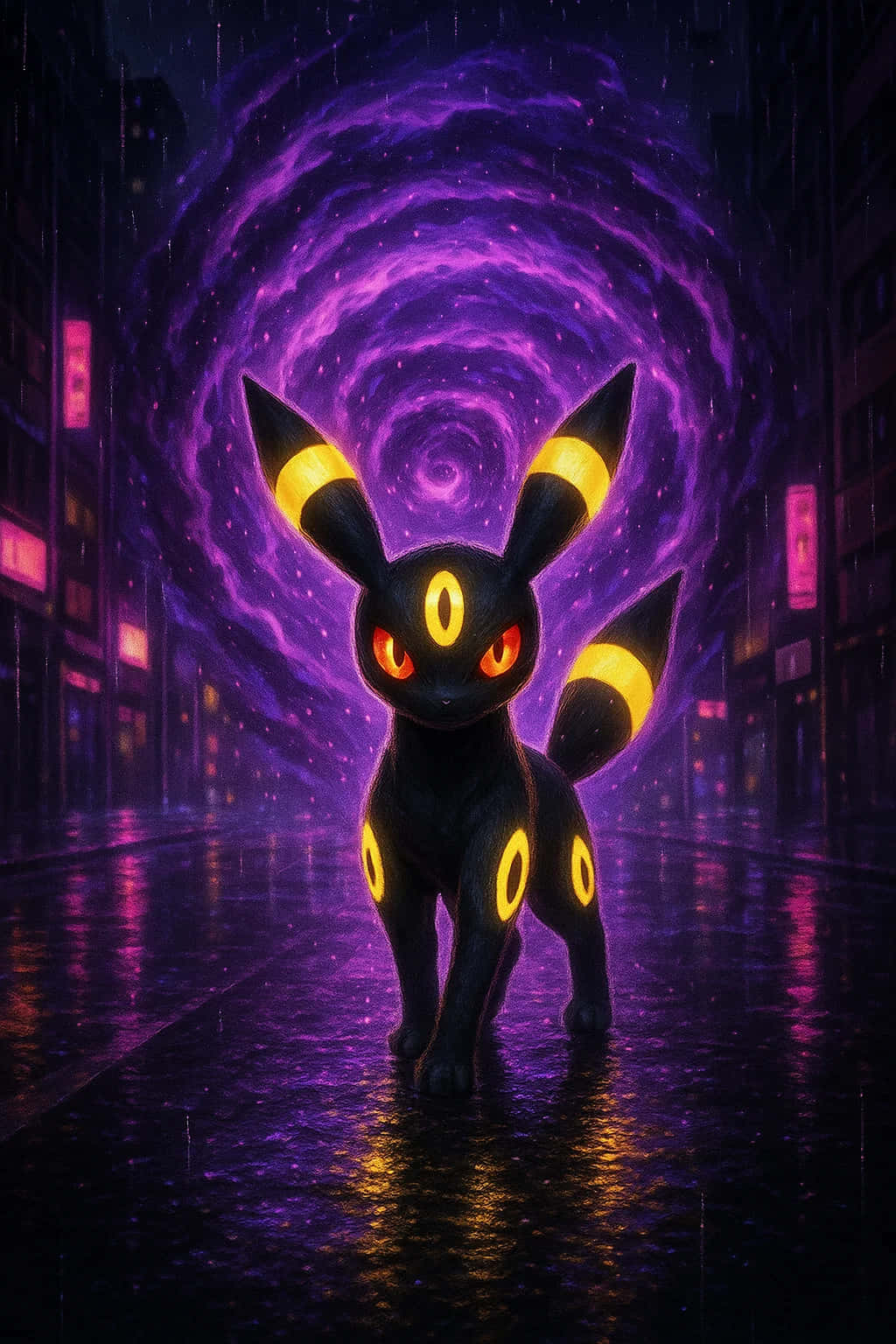 Umbreon, neon city street, glowing yellow rings, HD Phone Wallpaper