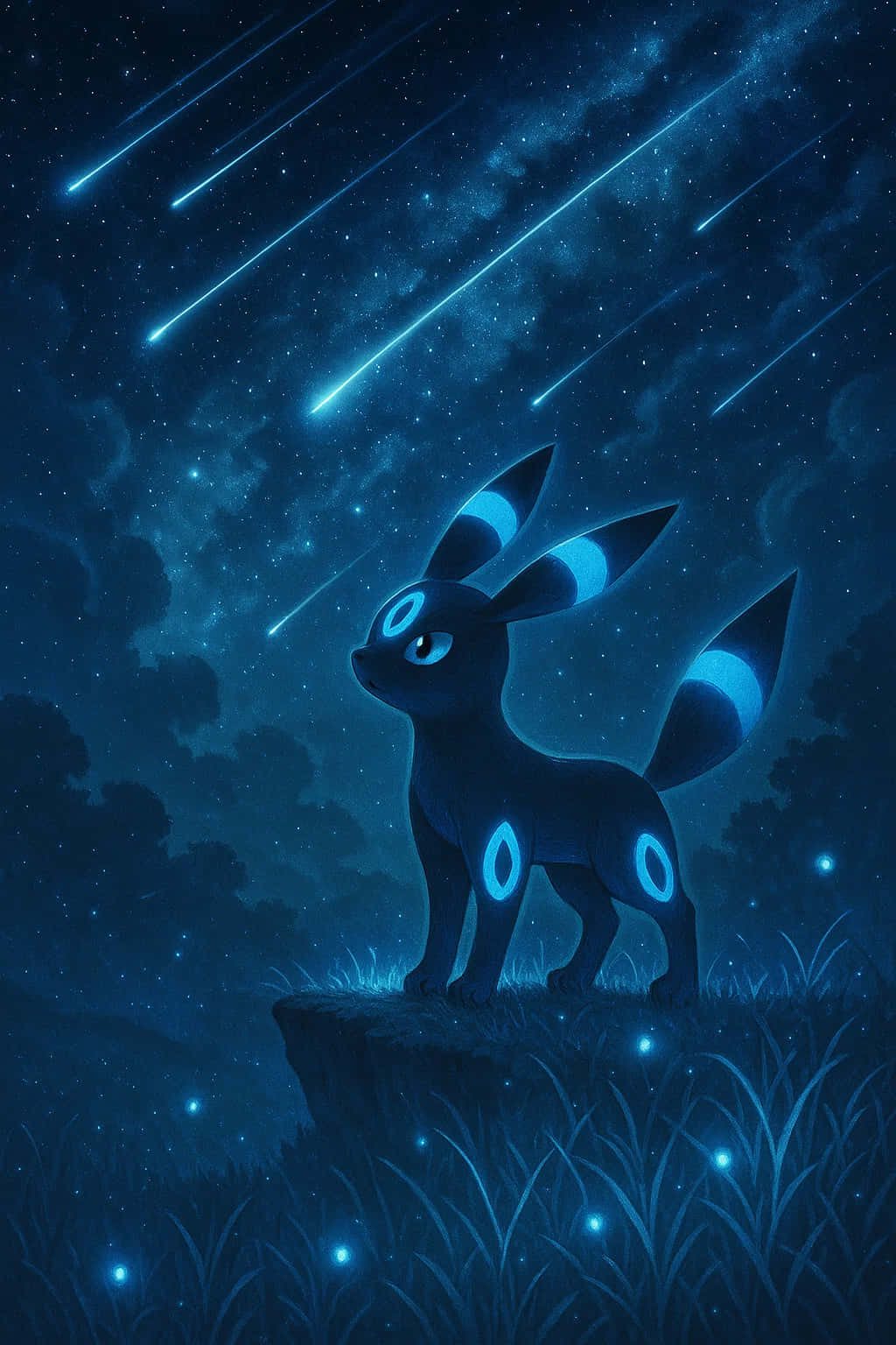 Umbreon, starry night sky, shooting stars, HD Phone Wallpaper