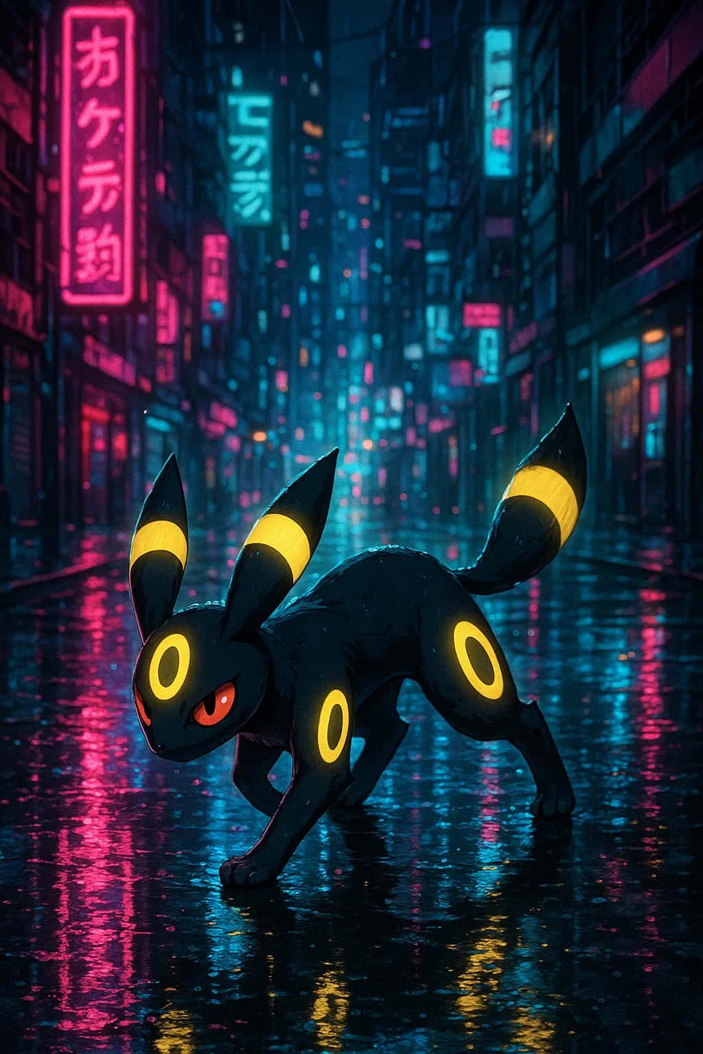 Umbreon, neon-lit cyberpunk alleyway, glowing yellow markings, HD Phone Wallpaper