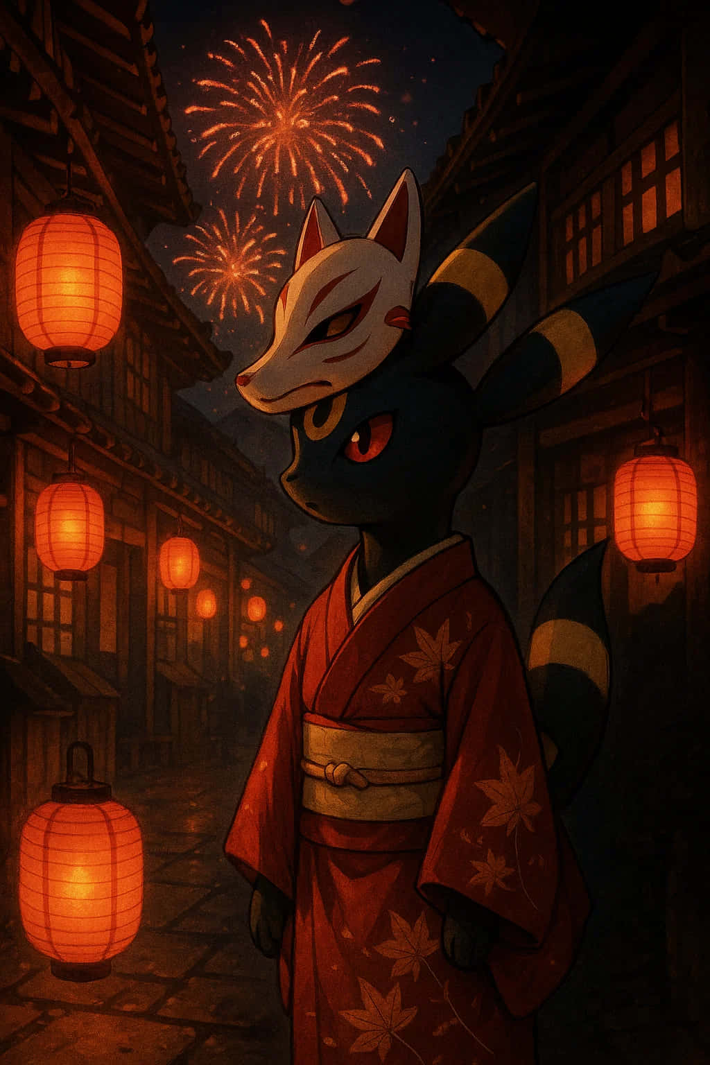 Umbreon, red kimono, lantern-lit Japanese alley, HD Phone Wallpaper