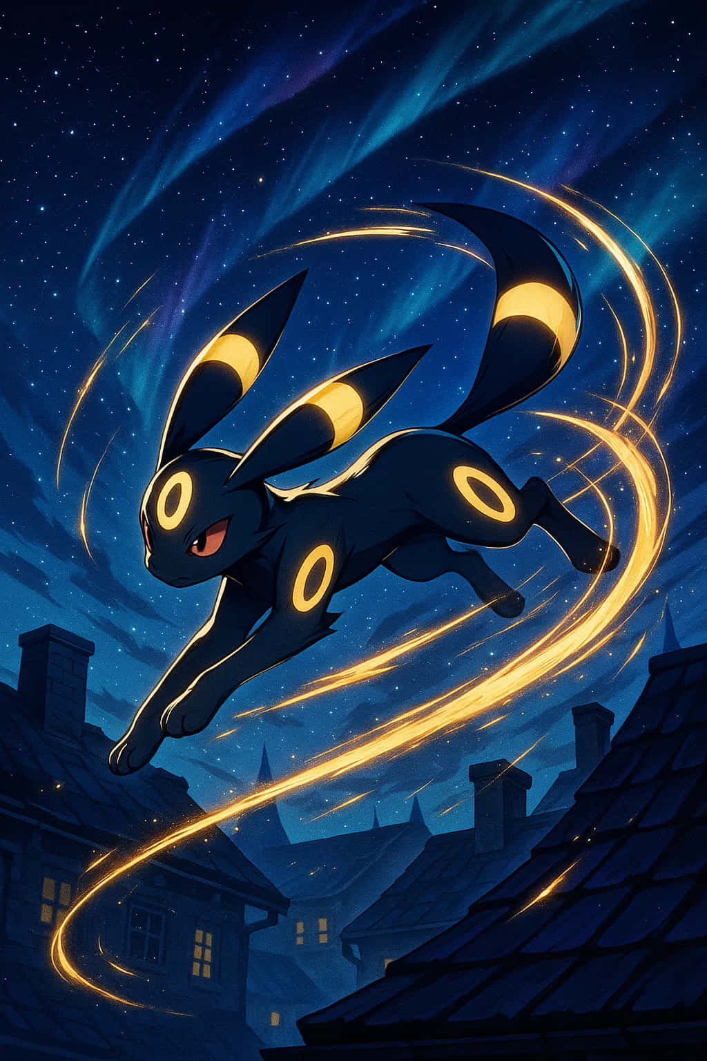 Umbreon, starry night sky, rooftops, HD Phone Wallpaper