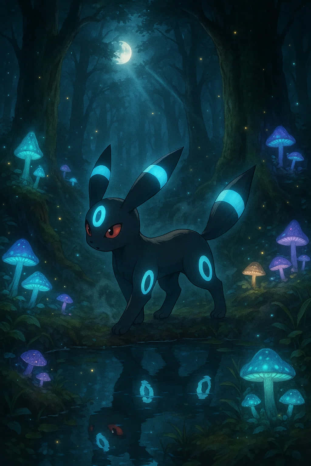 Umbreon, moonlit forest, glowing mushrooms, HD Phone Wallpaper