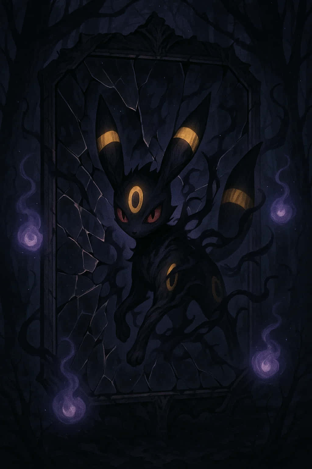 Umbreon, glowing yellow eyes, shattered mirror, HD Phone Wallpaper