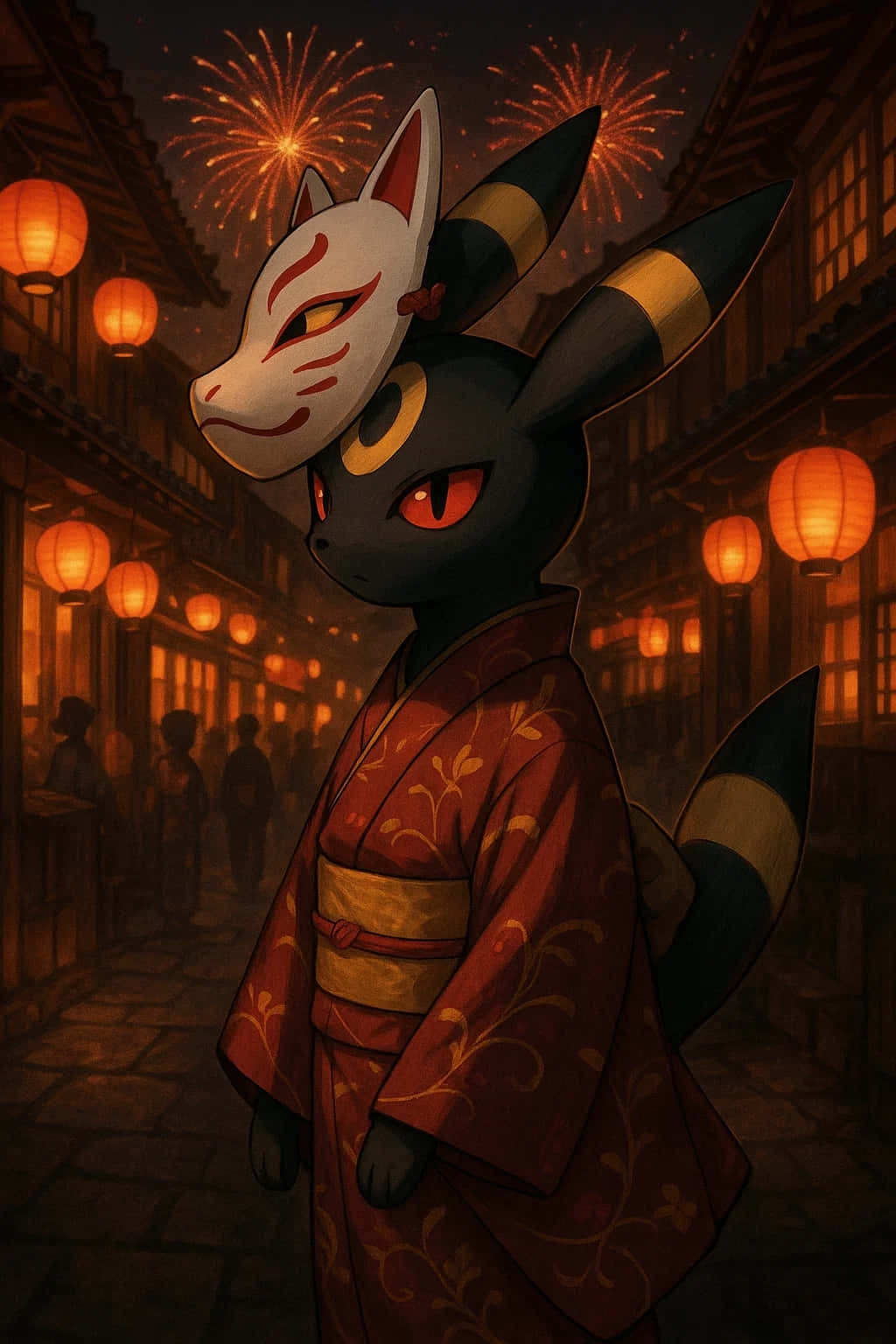 Umbreon, red kimono, white fox mask, HD Phone Wallpaper