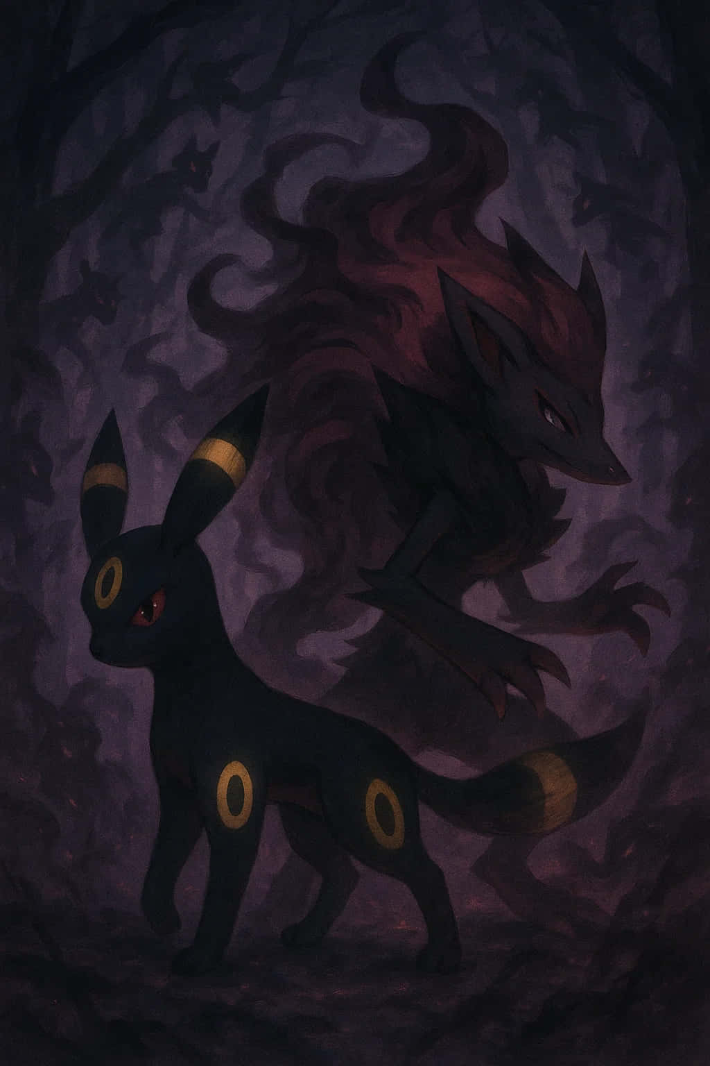 Umbreon, purple-hued forest, dark silhouette, HD Phone Wallpaper