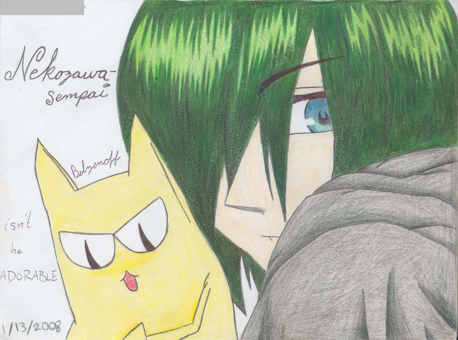 Umehito Nekozawa, green-haired, yellow cat-like creature, HD Desktop Wallpaper