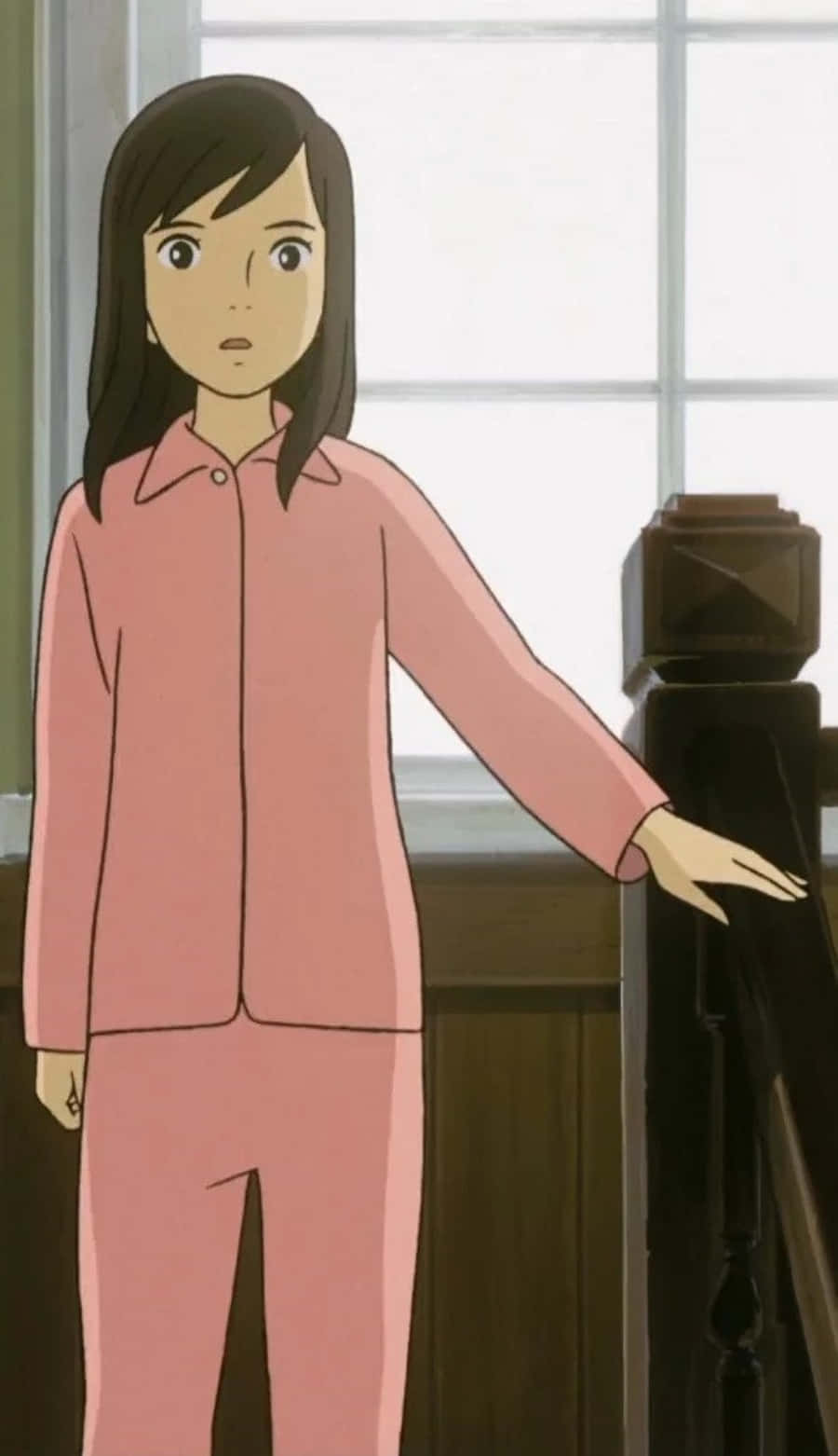 Umi Matsuzaki, pink pajamas, staircase railing, HD Phone Wallpaper
