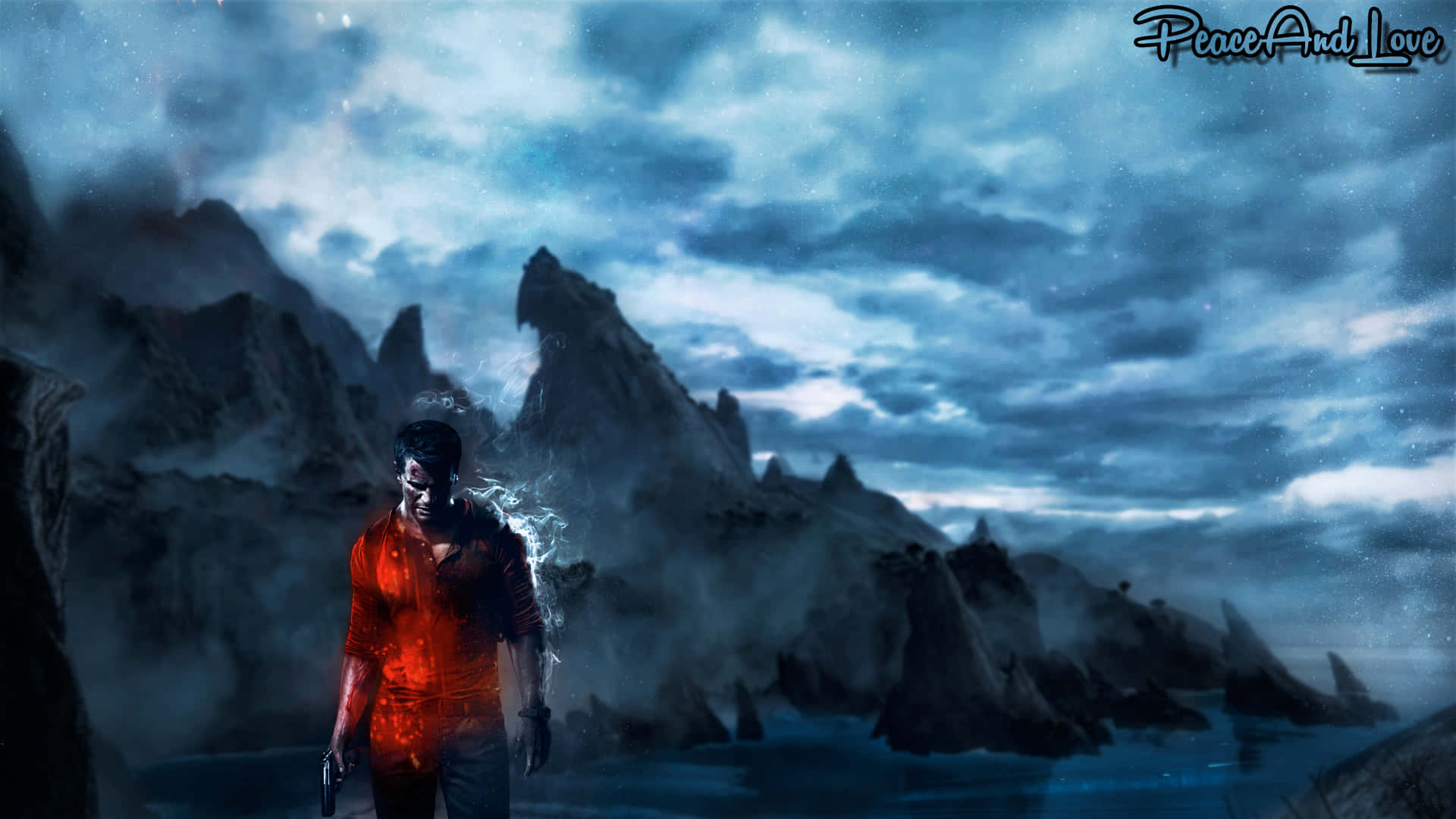 Uncharted 4, red shirt, jagged mountains, Full HD Desktop Wallpaper