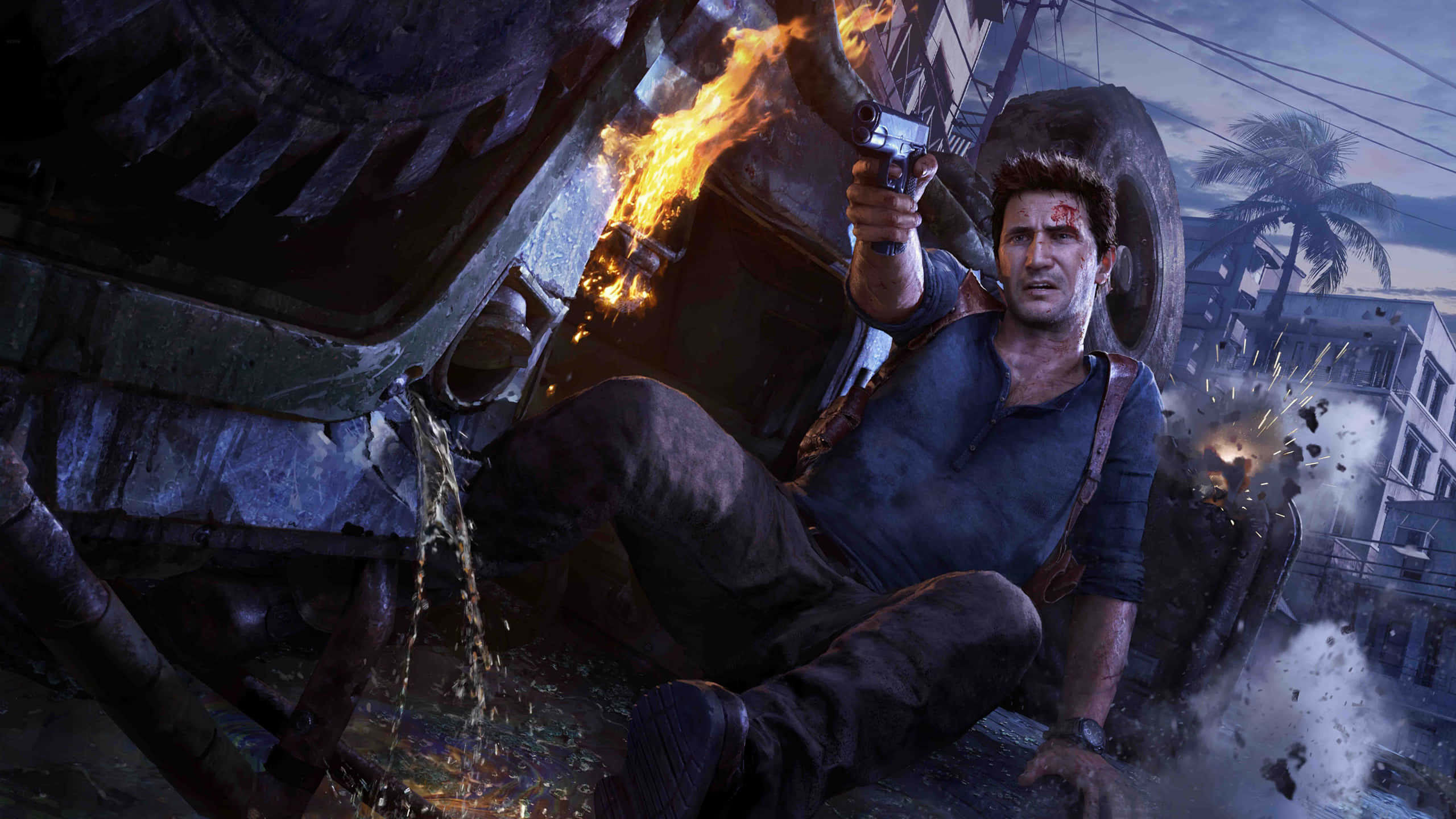 Uncharted 4, tropical urban ruin, wrecked vehicle, 2K Desktop Wallpaper