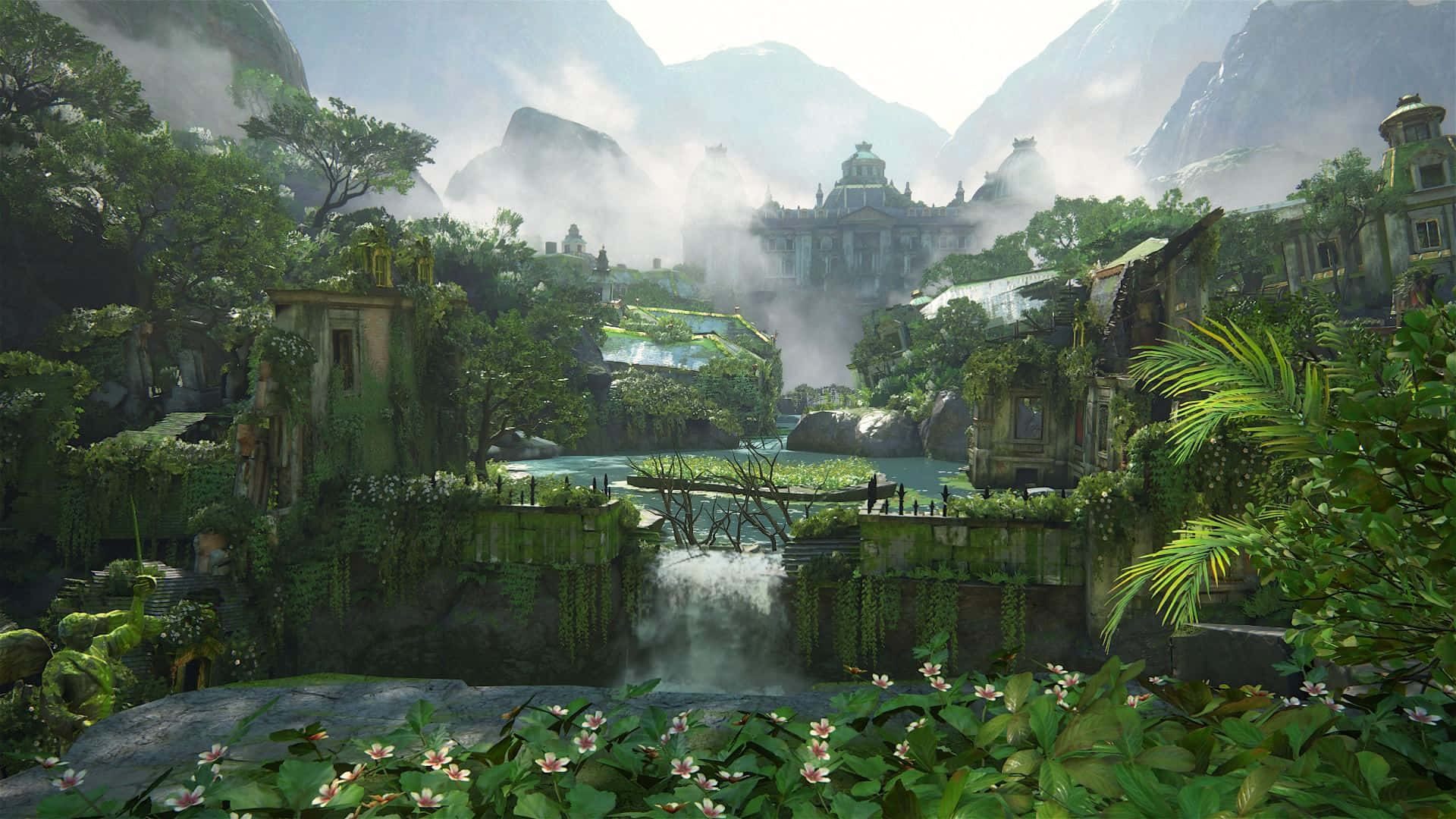 Uncharted 4, waterfall, ancient stone ruins, Full HD Desktop Wallpaper