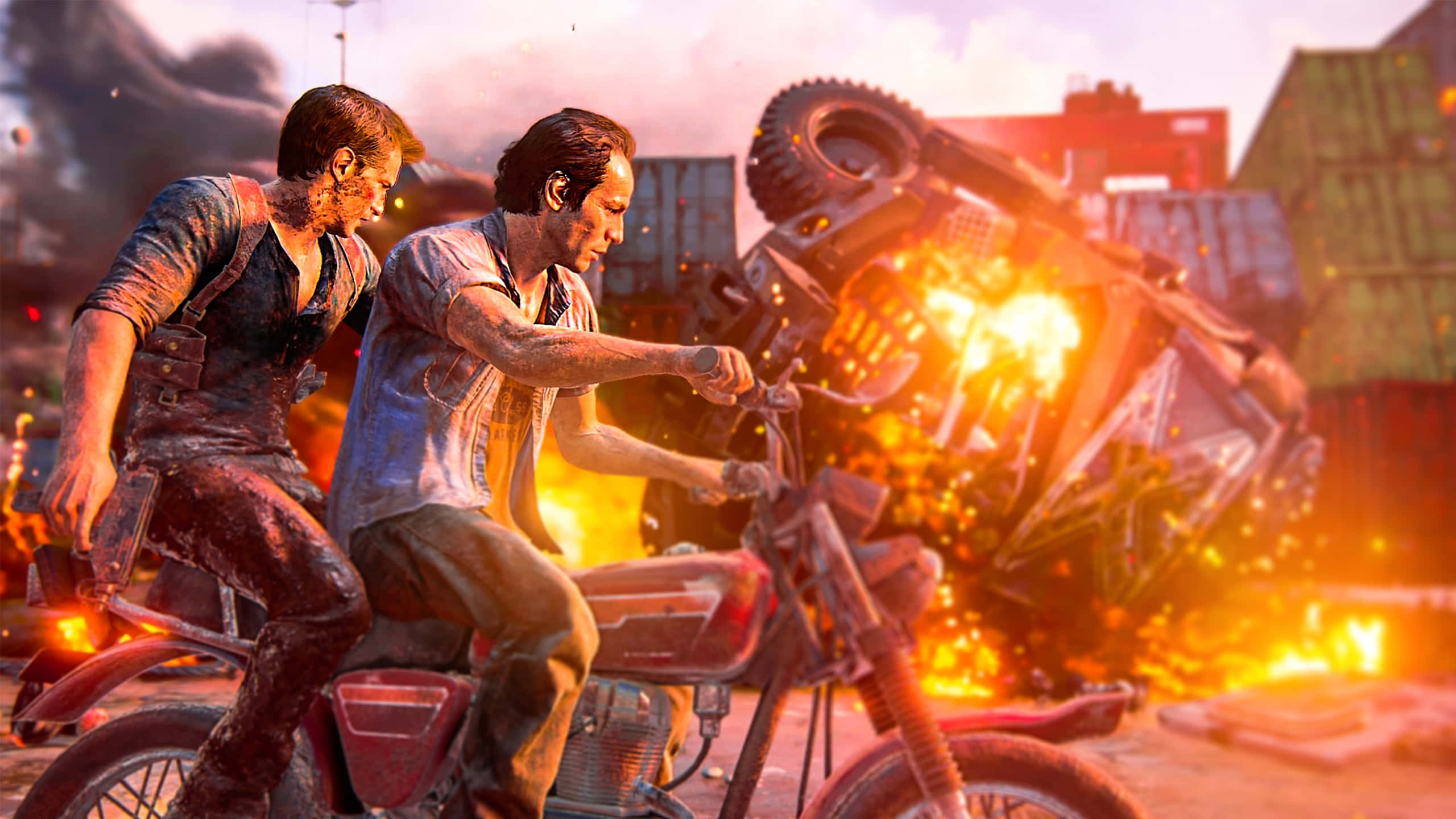 Uncharted 4, motorcycle, fiery urban wasteland, 2K Desktop Wallpaper