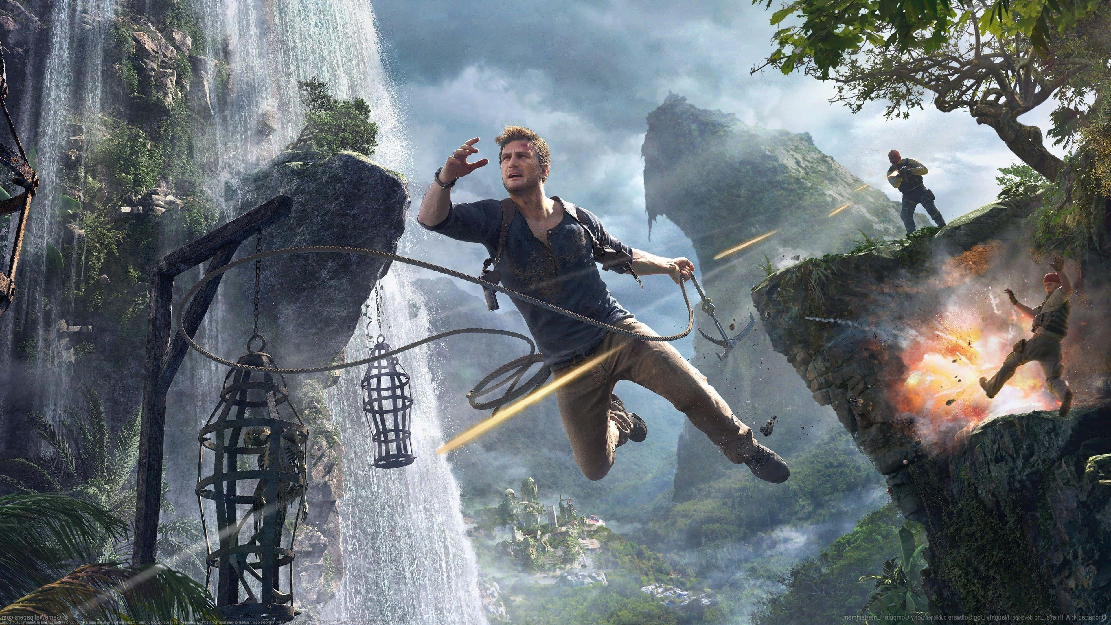 Uncharted 4, jungle canyon, waterfall, 4K Desktop Wallpaper