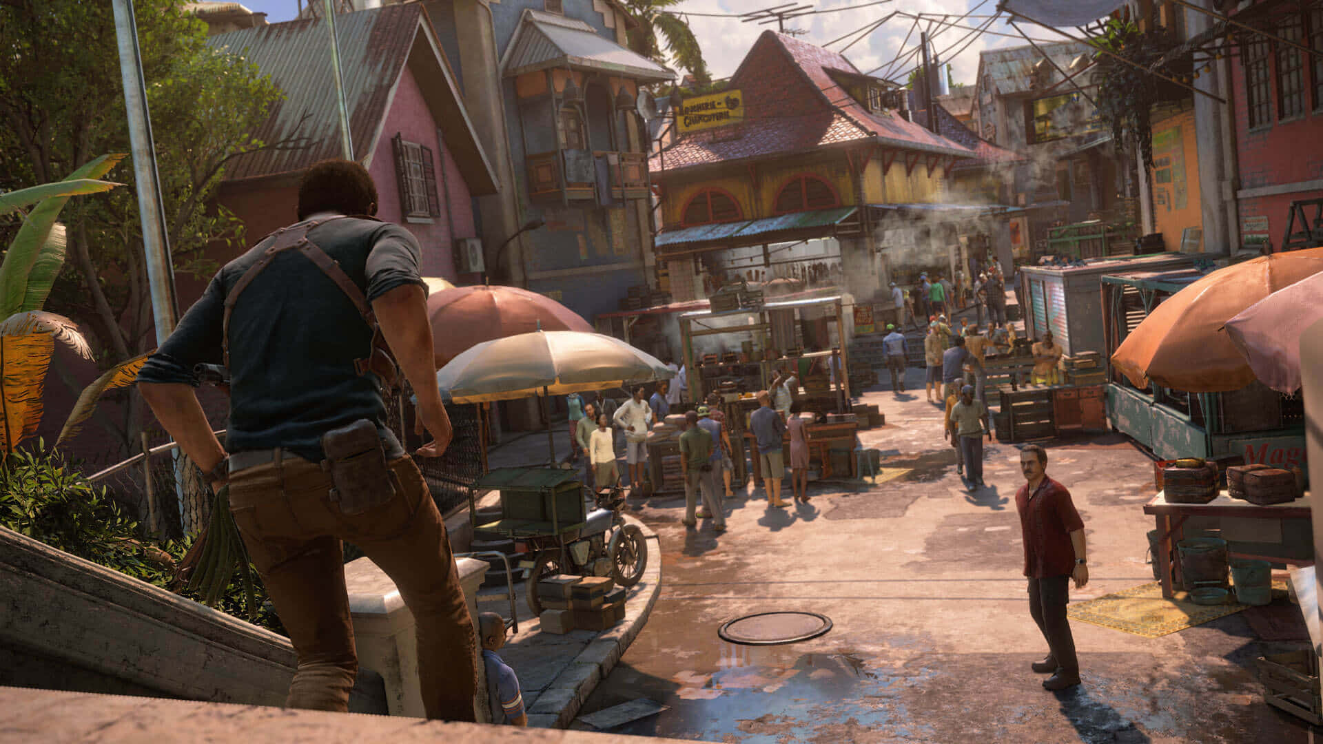 Uncharted 4, tropical market street, colorful buildings, Full HD Desktop Wallpaper