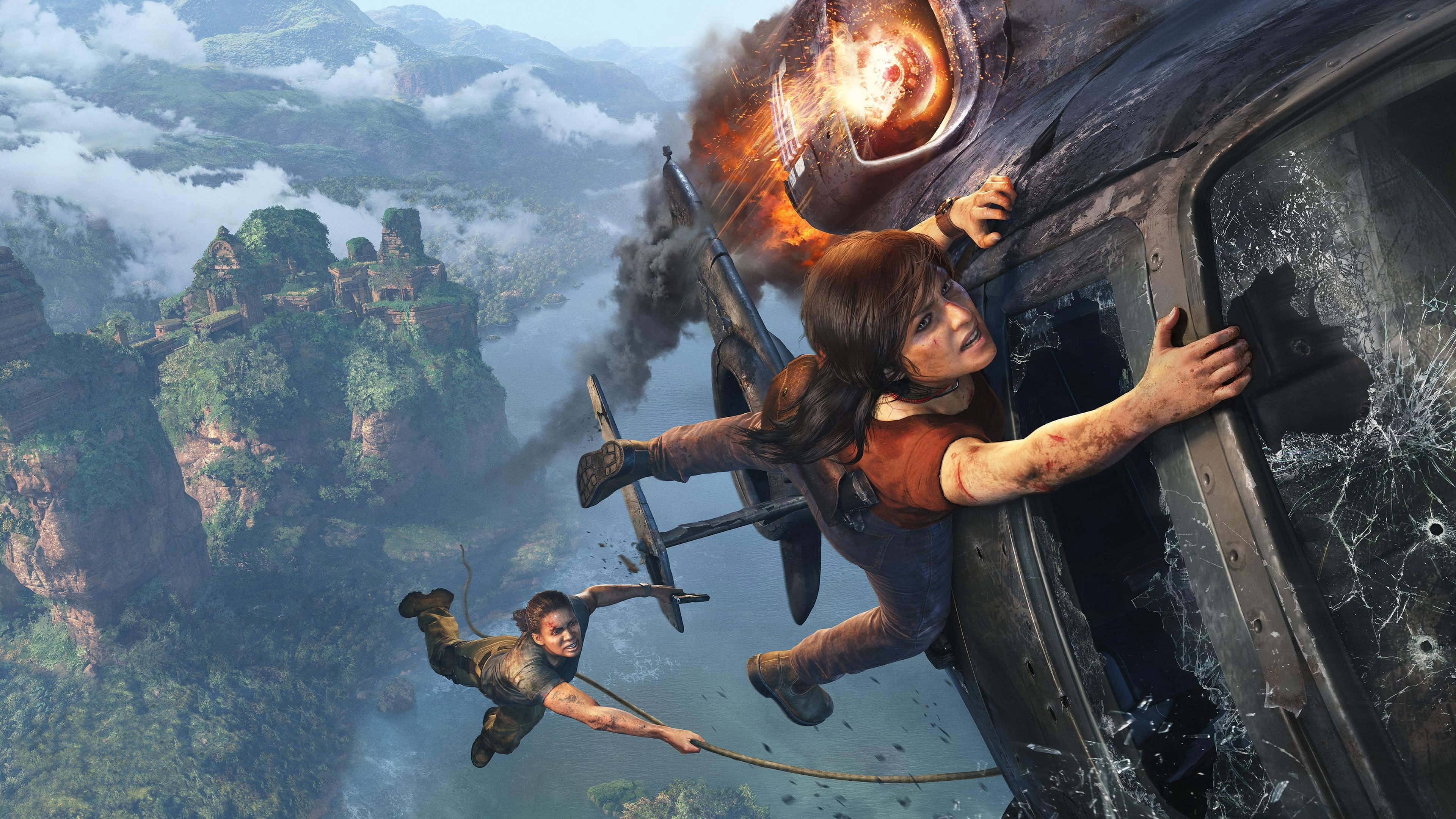 Uncharted 4, adventurers, crashing helicopter, 4K Desktop Wallpaper