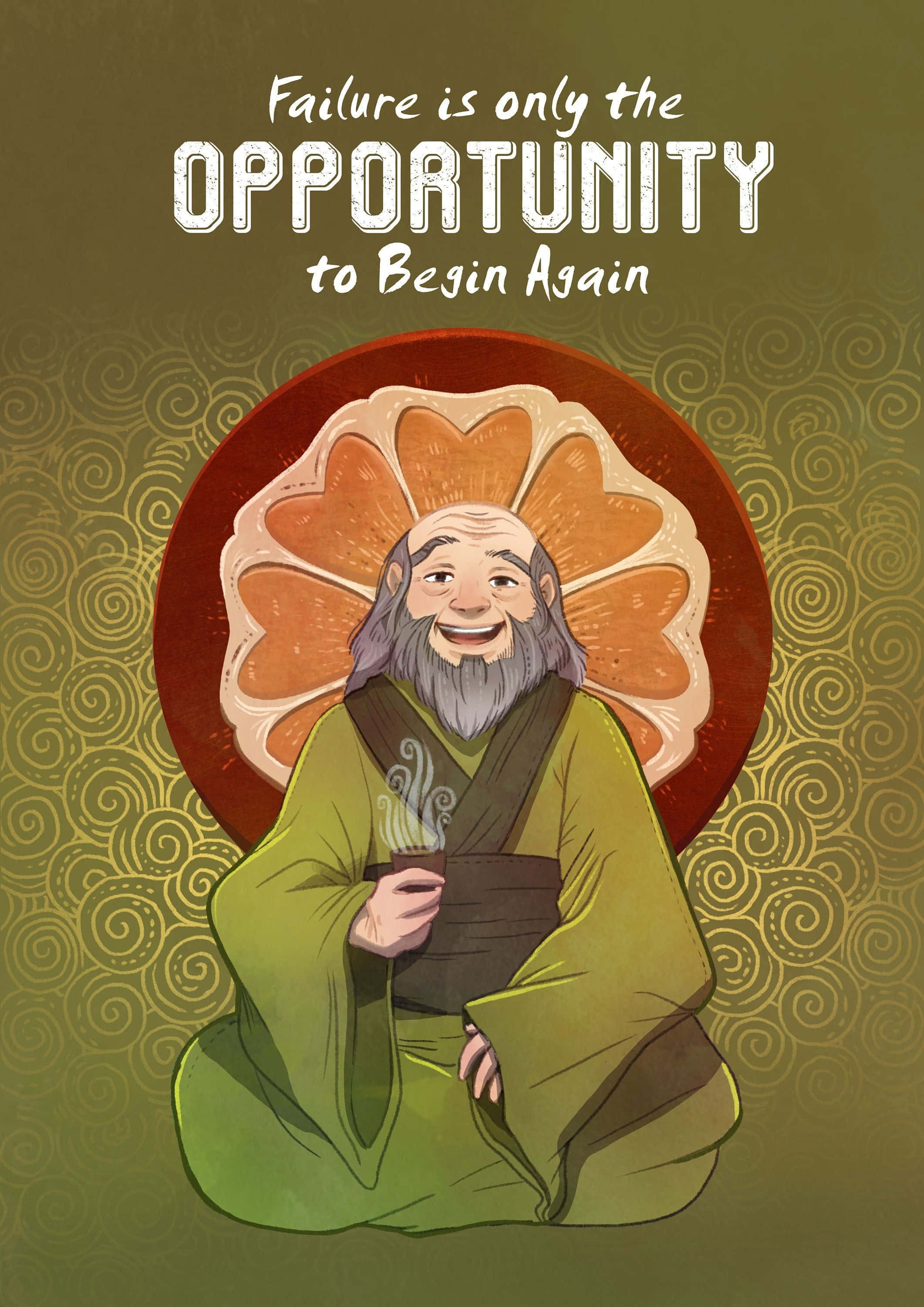 Uncle Iroh, green robes, orange halo, 2K Phone Wallpaper