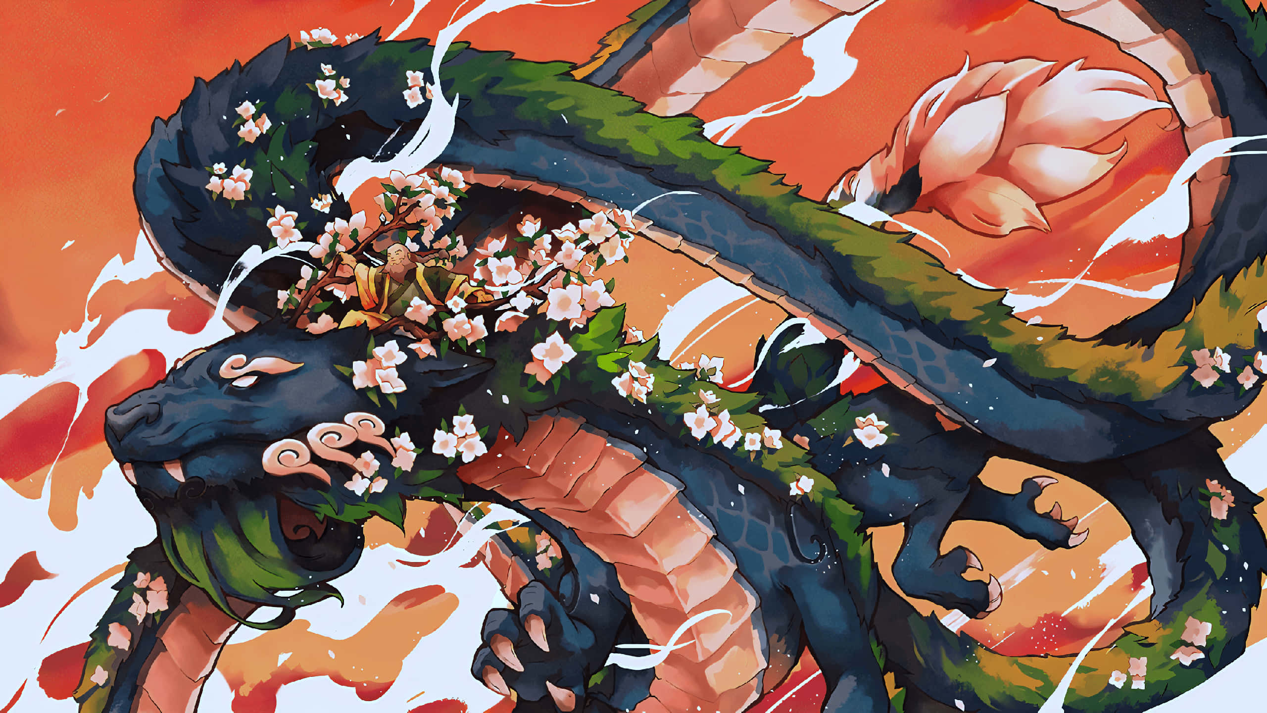 Uncle Iroh, black dragon, fiery orange skies, 2K Desktop Wallpaper
