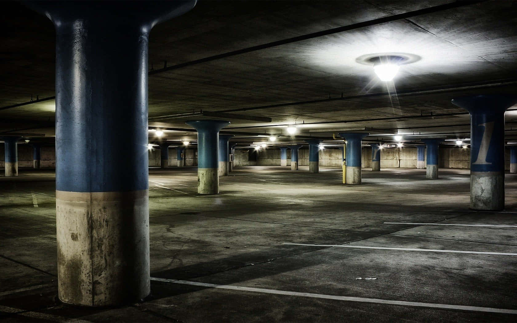 underground parking garage, blue and concrete pillars, harsh overhead bulbs, HD Desktop Wallpaper