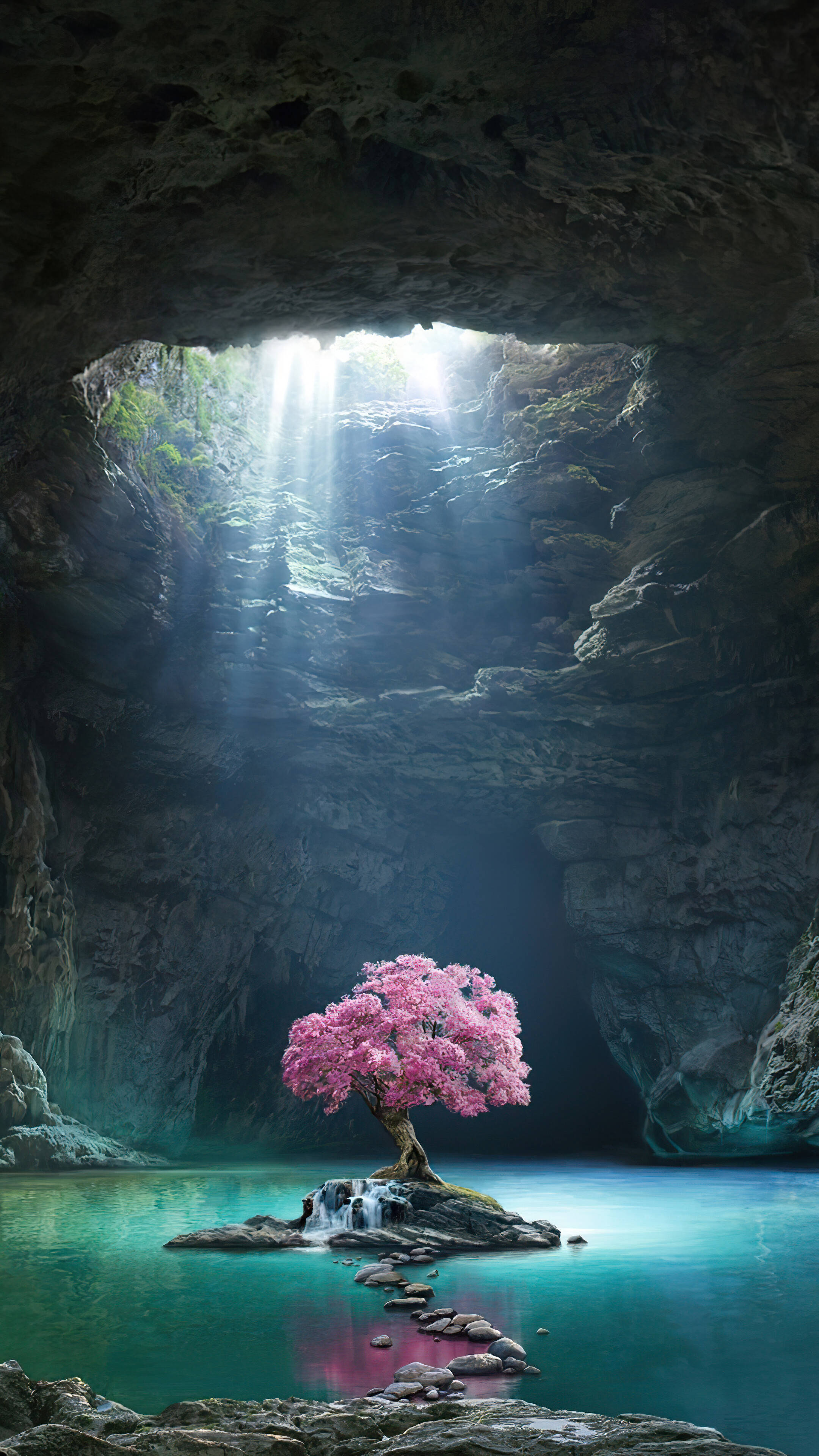 pink cherry blossom tree, rock island, serene cave pool, 4K Phone Wallpaper