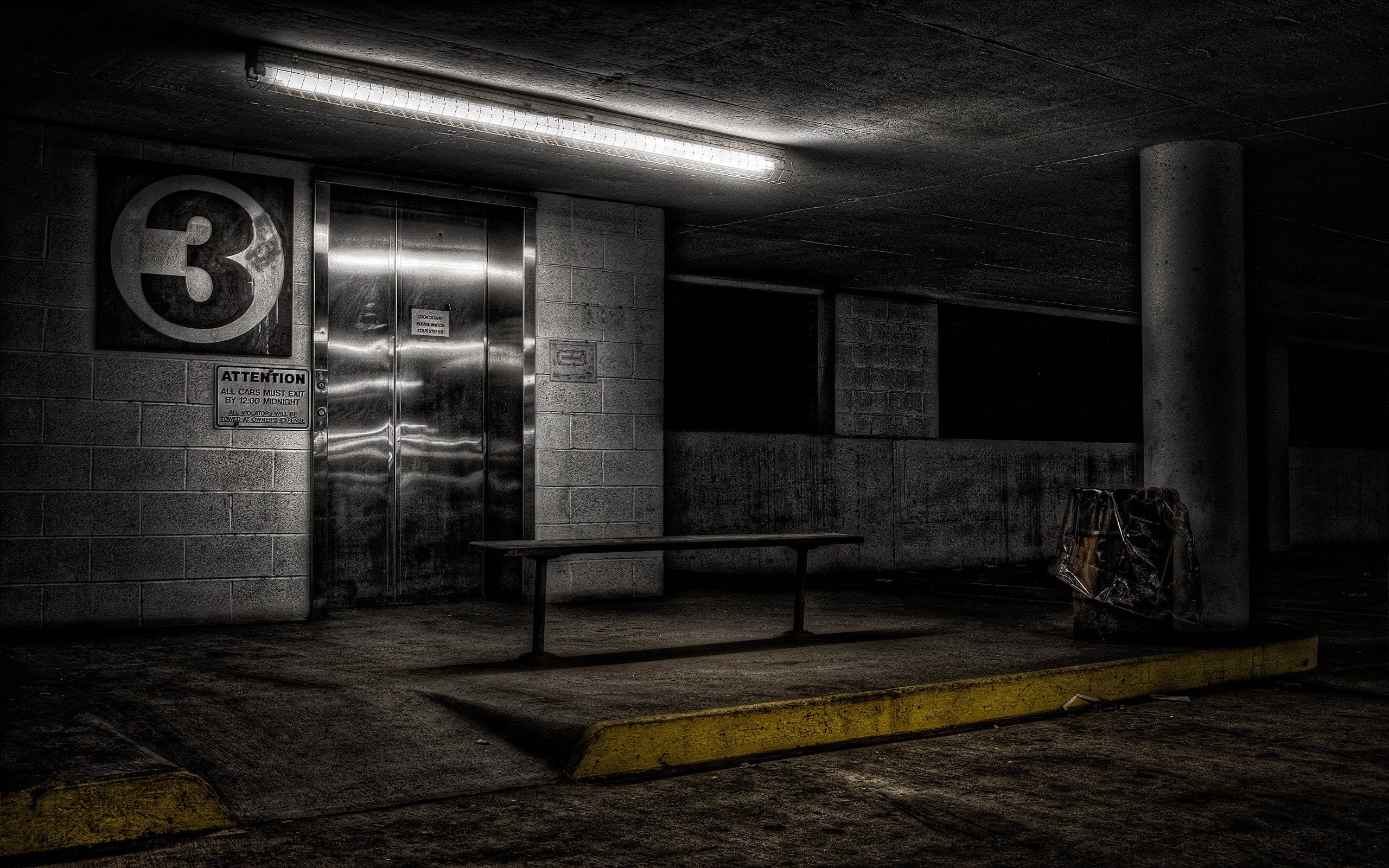 underground parking, flights of stairs, flickering fluorescent light, 2K Desktop Wallpaper