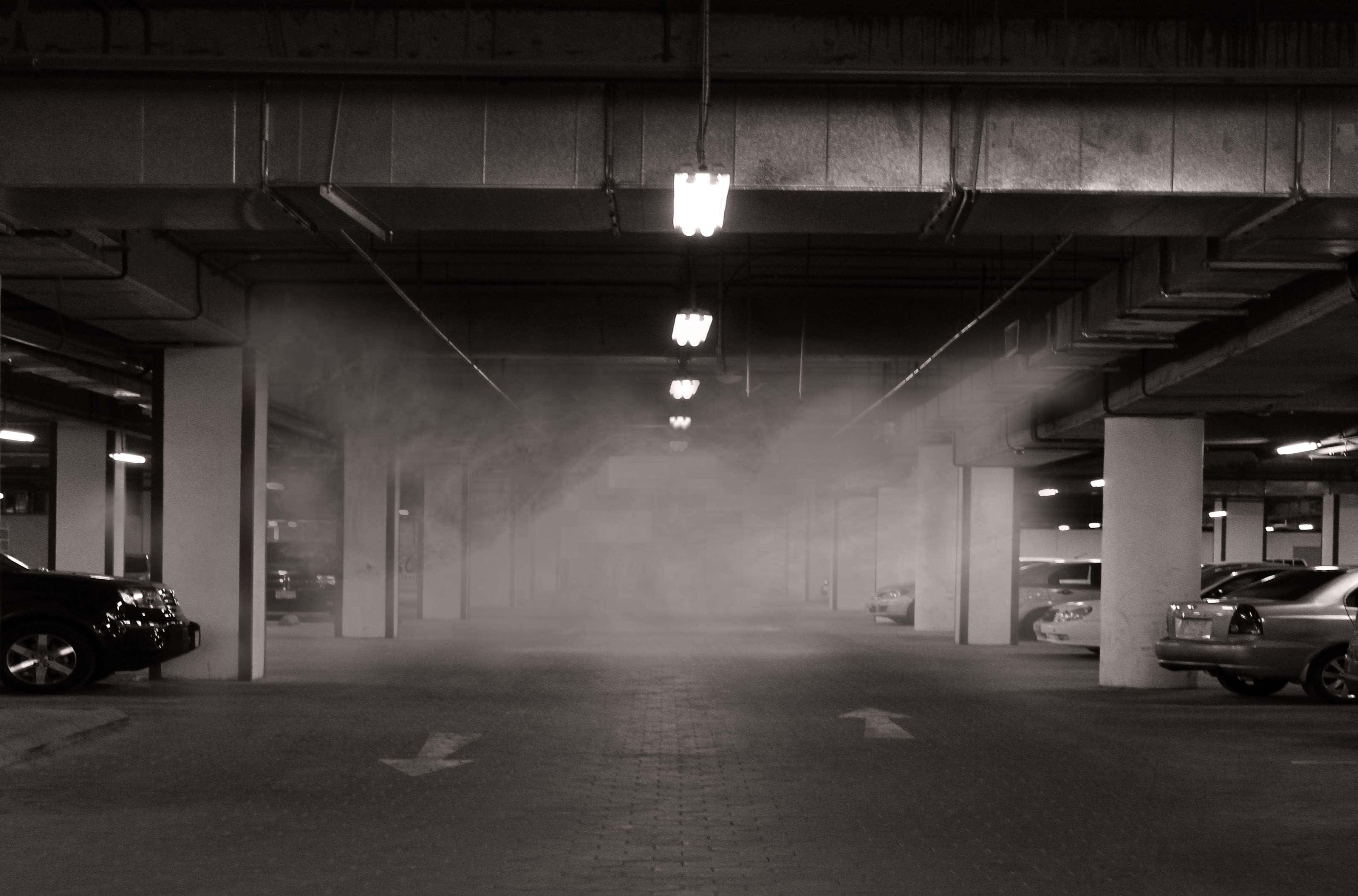 underground parking lot, black and white, mist, 4K Desktop Wallpaper