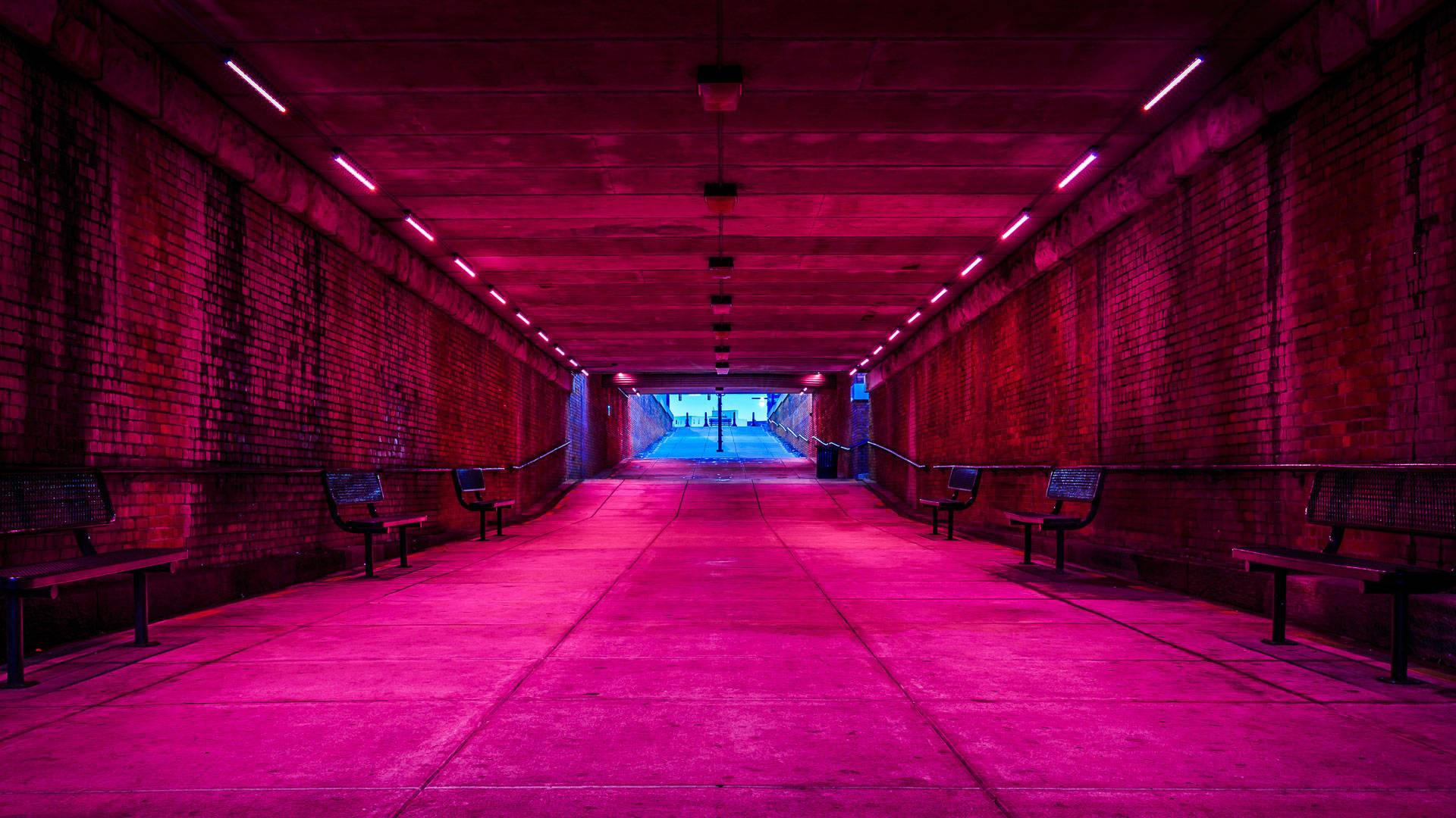 neon pink underground tunnel, brick tunnel, pink neon light, Full HD Desktop Wallpaper