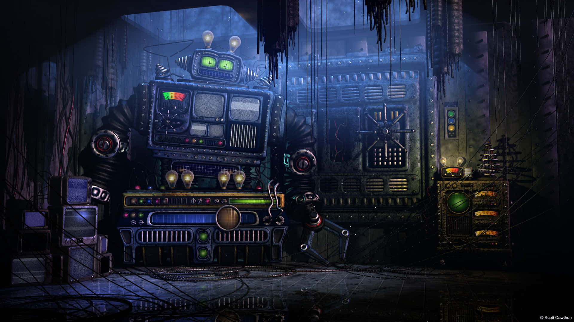 retro-futuristic robot, glowing green eyes, vintage control panels, Full HD Desktop Wallpaper