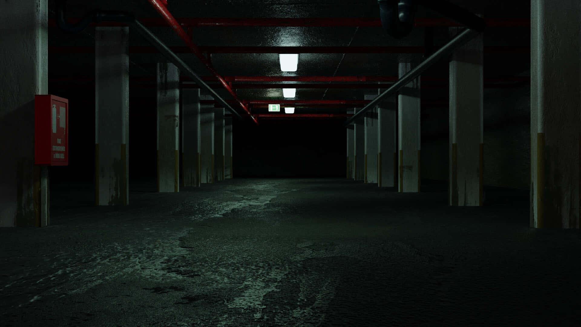 abandoned underground parking lot hallway, deserted underground parking lot, red pipes, Full HD Desktop Wallpaper