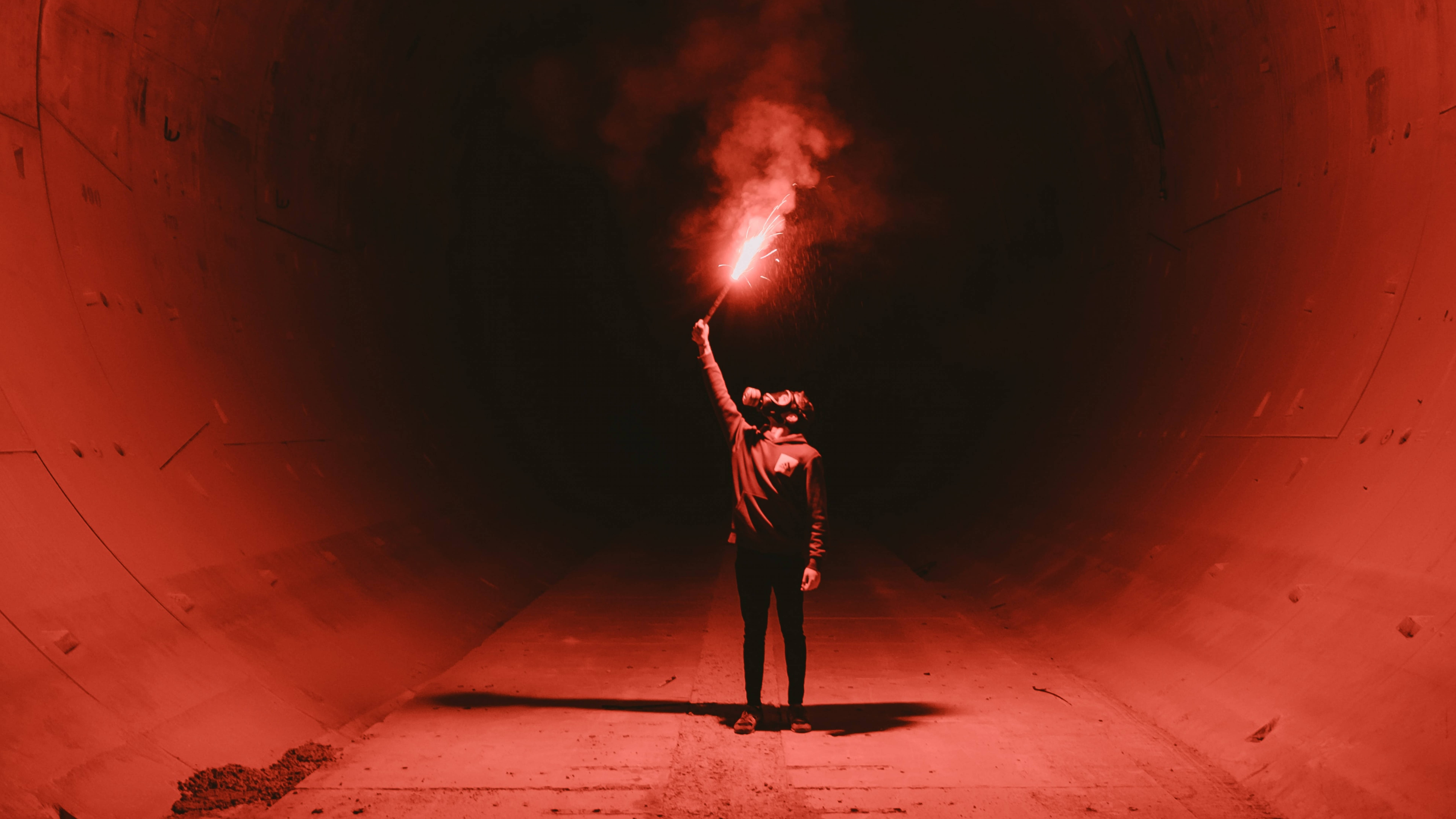 Underground, dark tunnel, bright red flare, 8K Desktop Wallpaper