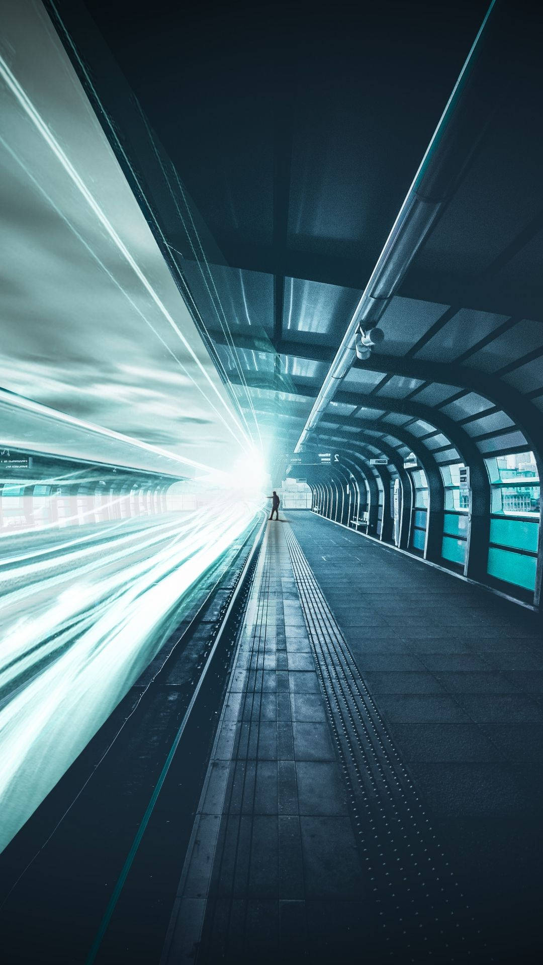 futuristic subway platform, tunnel, cool blue tones, Full HD Phone Wallpaper