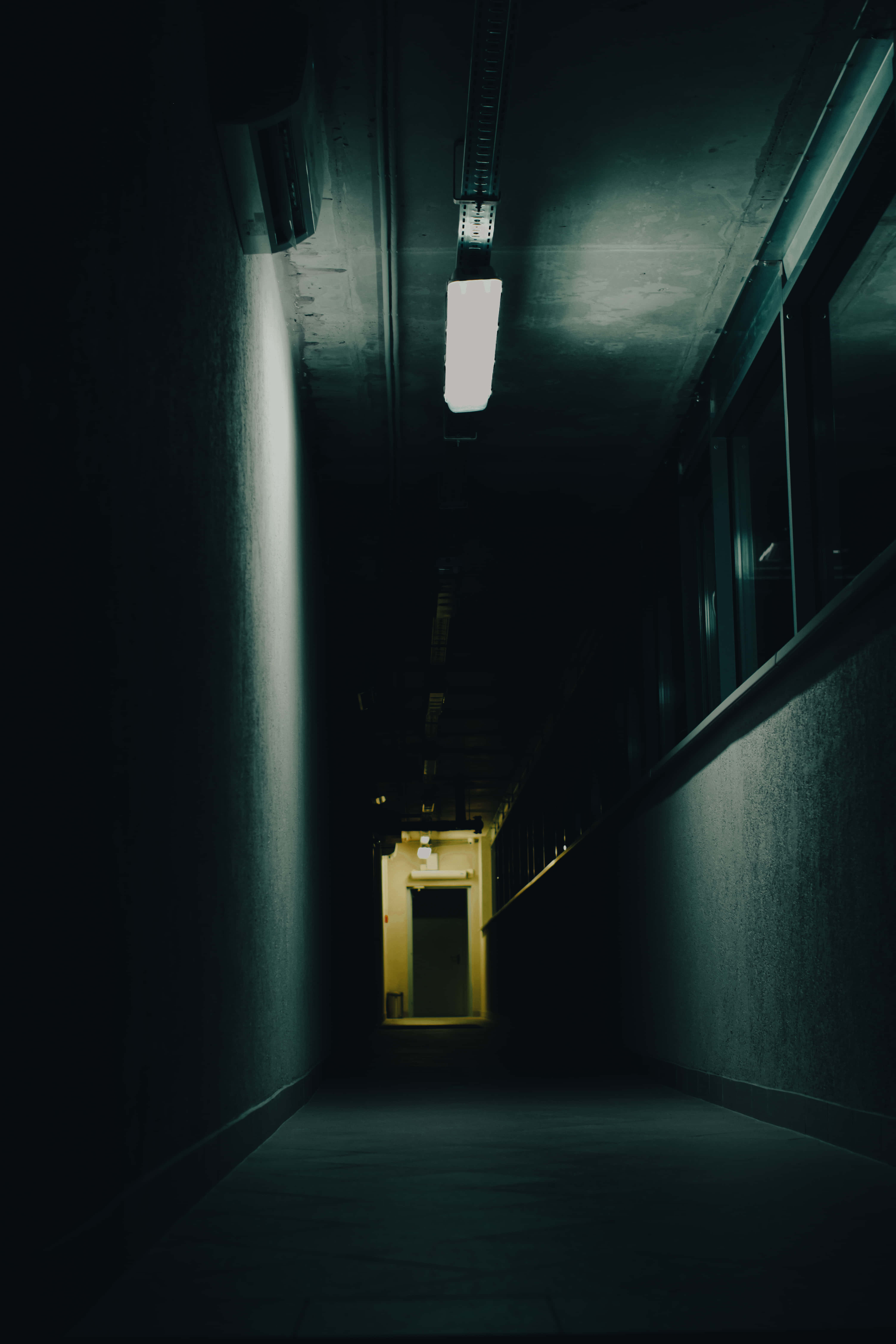 dark underground, dimly lit hallway, fluorescent light, 5K Phone Wallpaper