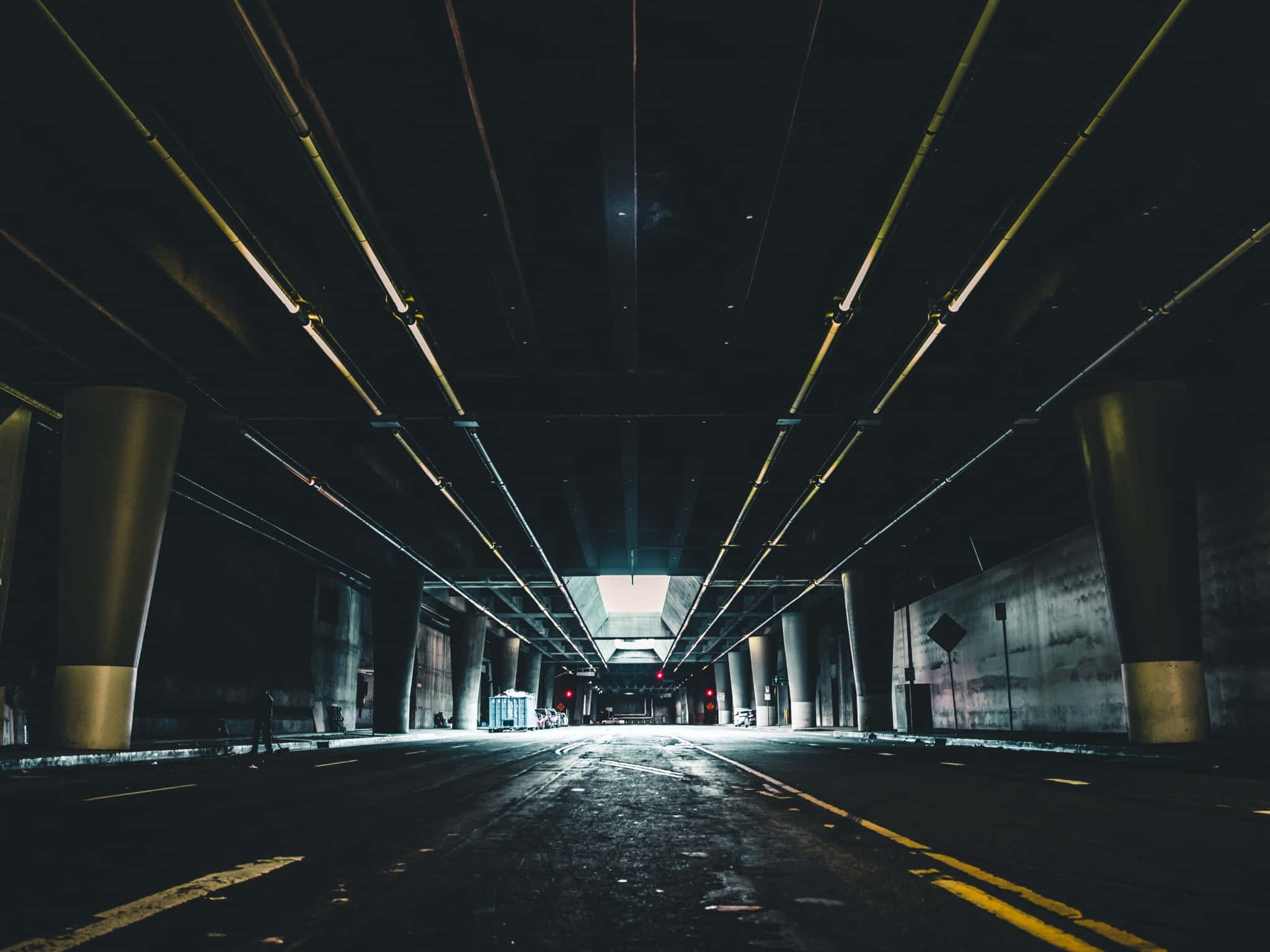 Dark Underground, yellow pipes, pillars, Full HD Desktop Wallpaper