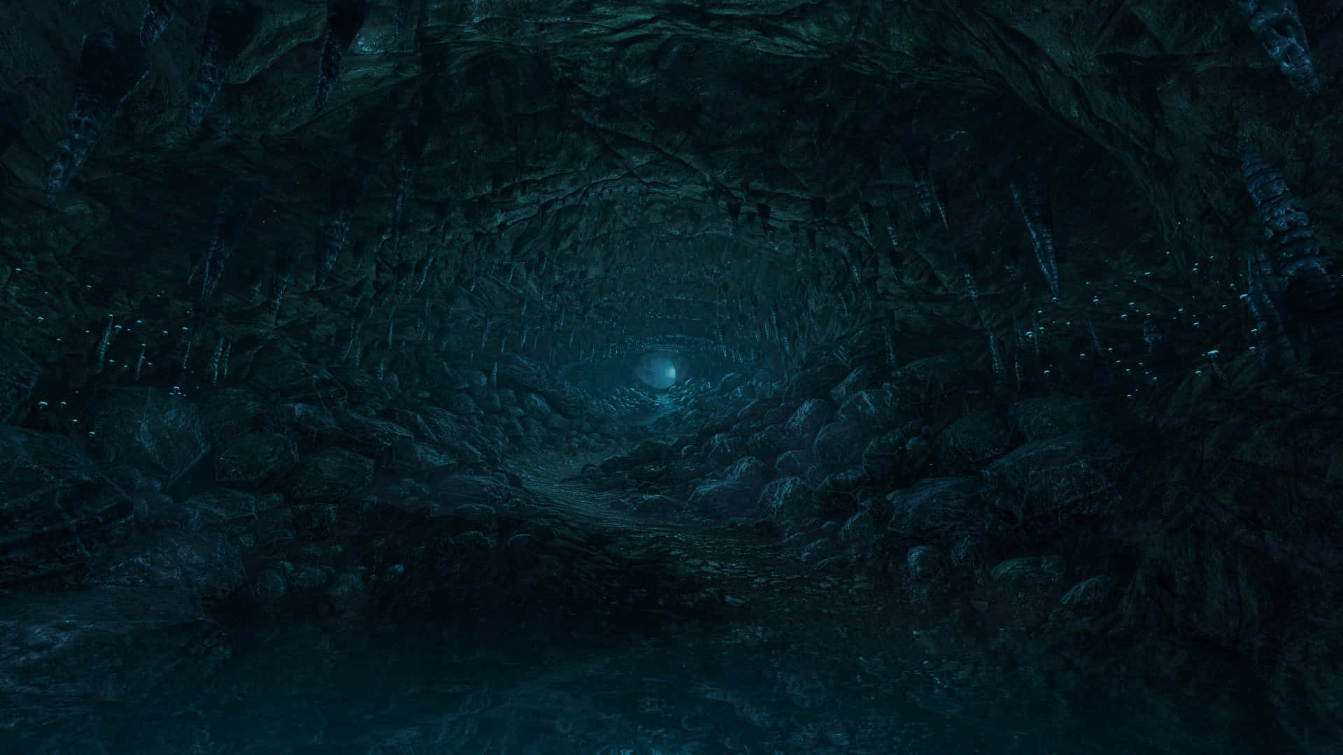 dark underground, rocky tunnel, glowing blue lights, Full HD Desktop Wallpaper