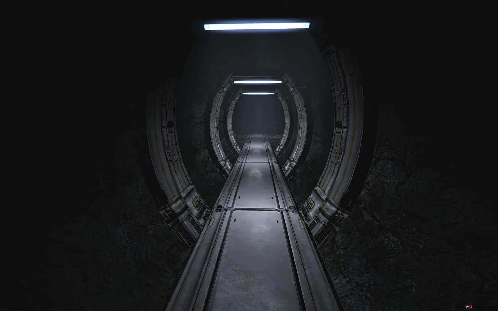 dark underground, metallic tunnel, glowing fluorescent lights, HD Desktop Wallpaper